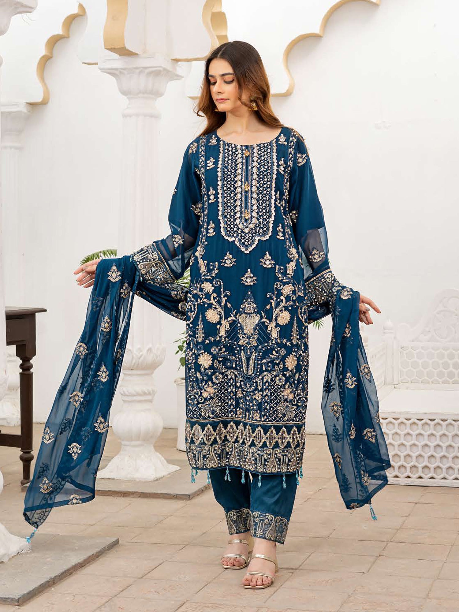 Rangz Luxury Embroidered Chiffon 3pc Suit - Teal