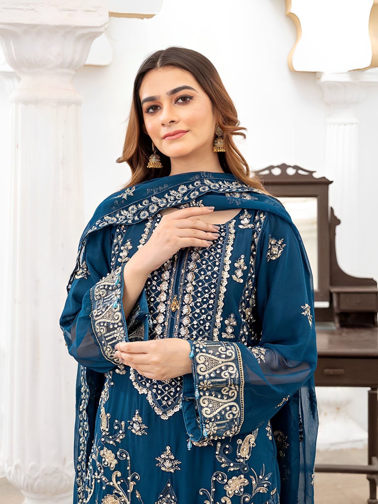 Rangz Luxury Embroidered Chiffon 3pc Suit - Teal