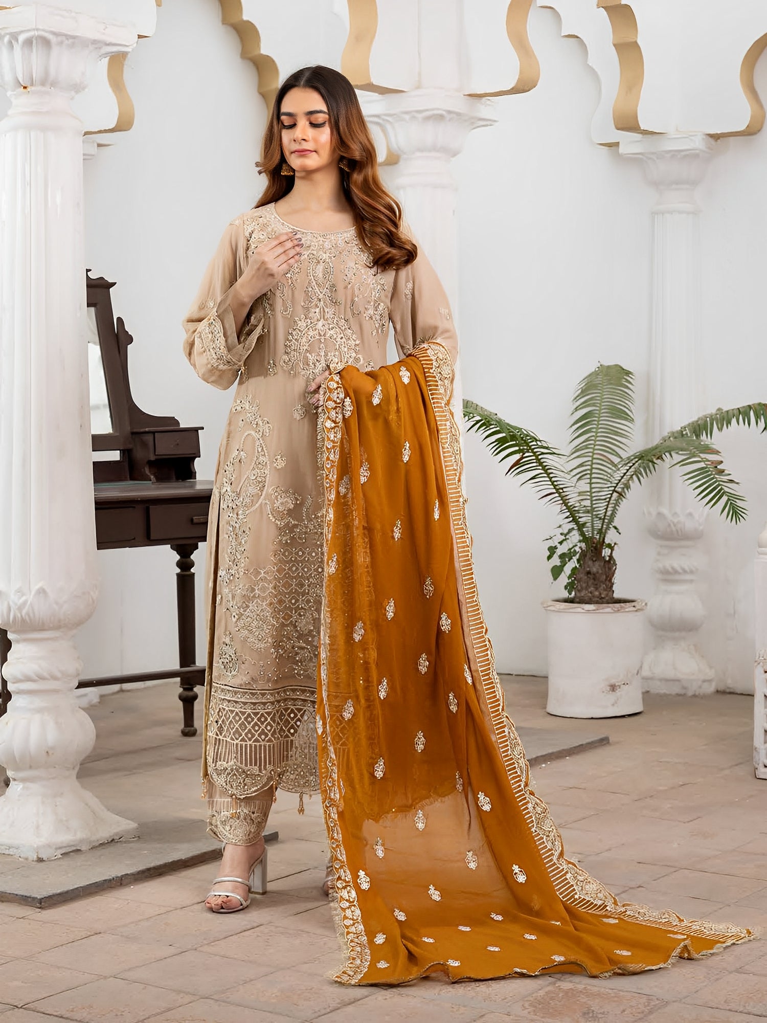 Rangz Luxury Embroidered Chiffon 3pc Suit - Beige & Mustard