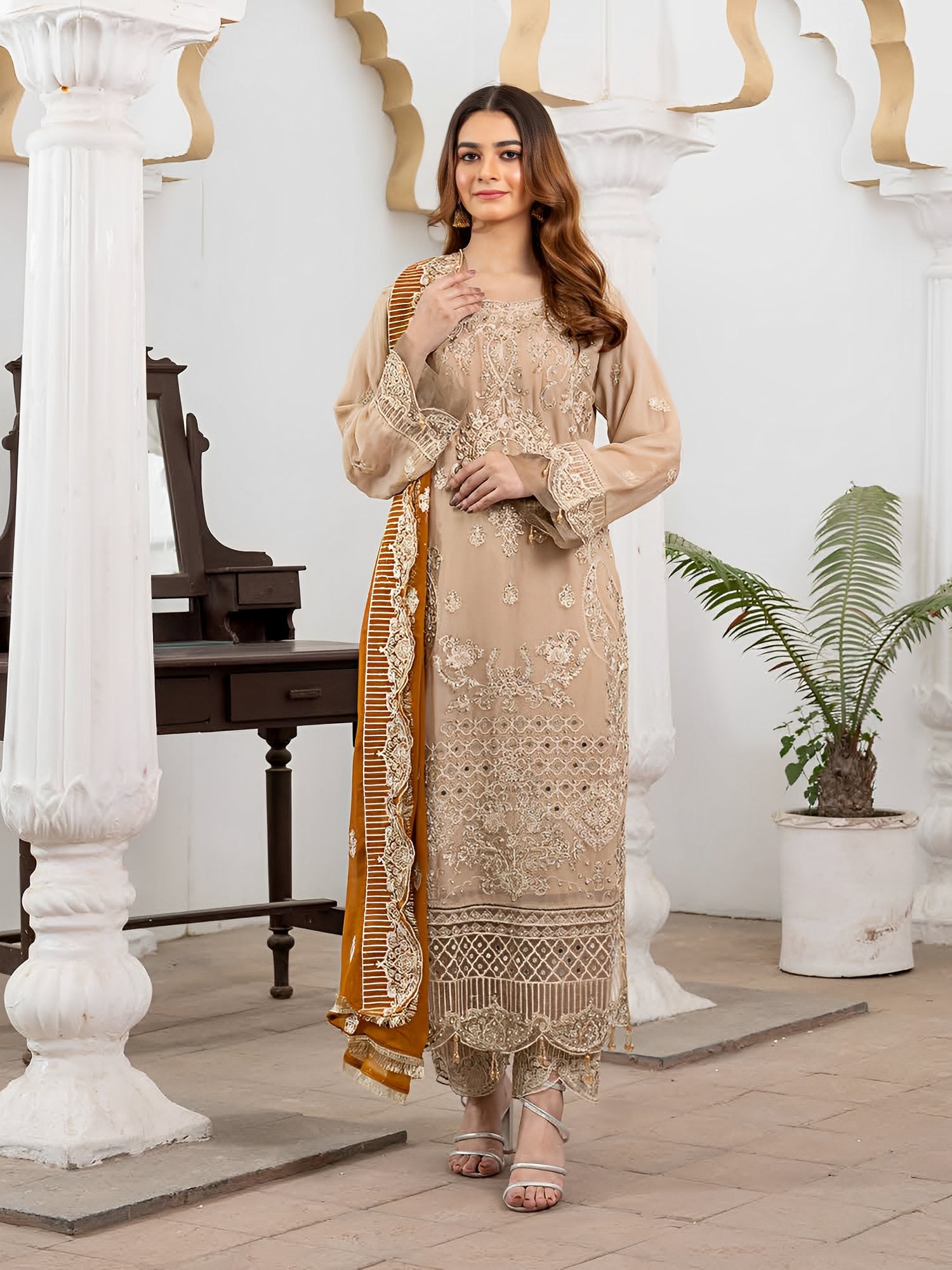 Rangz Luxury Embroidered Chiffon 3pc Suit - Beige & Mustard