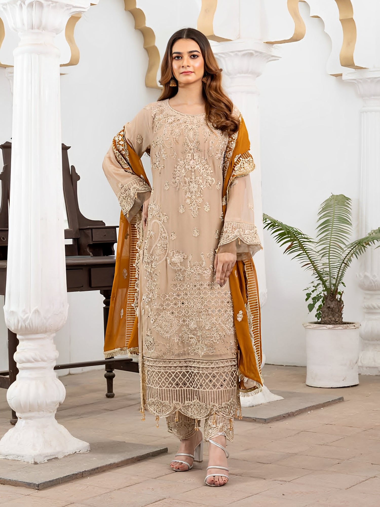 Rangz Luxury Embroidered Chiffon 3pc Suit - Beige & Mustard