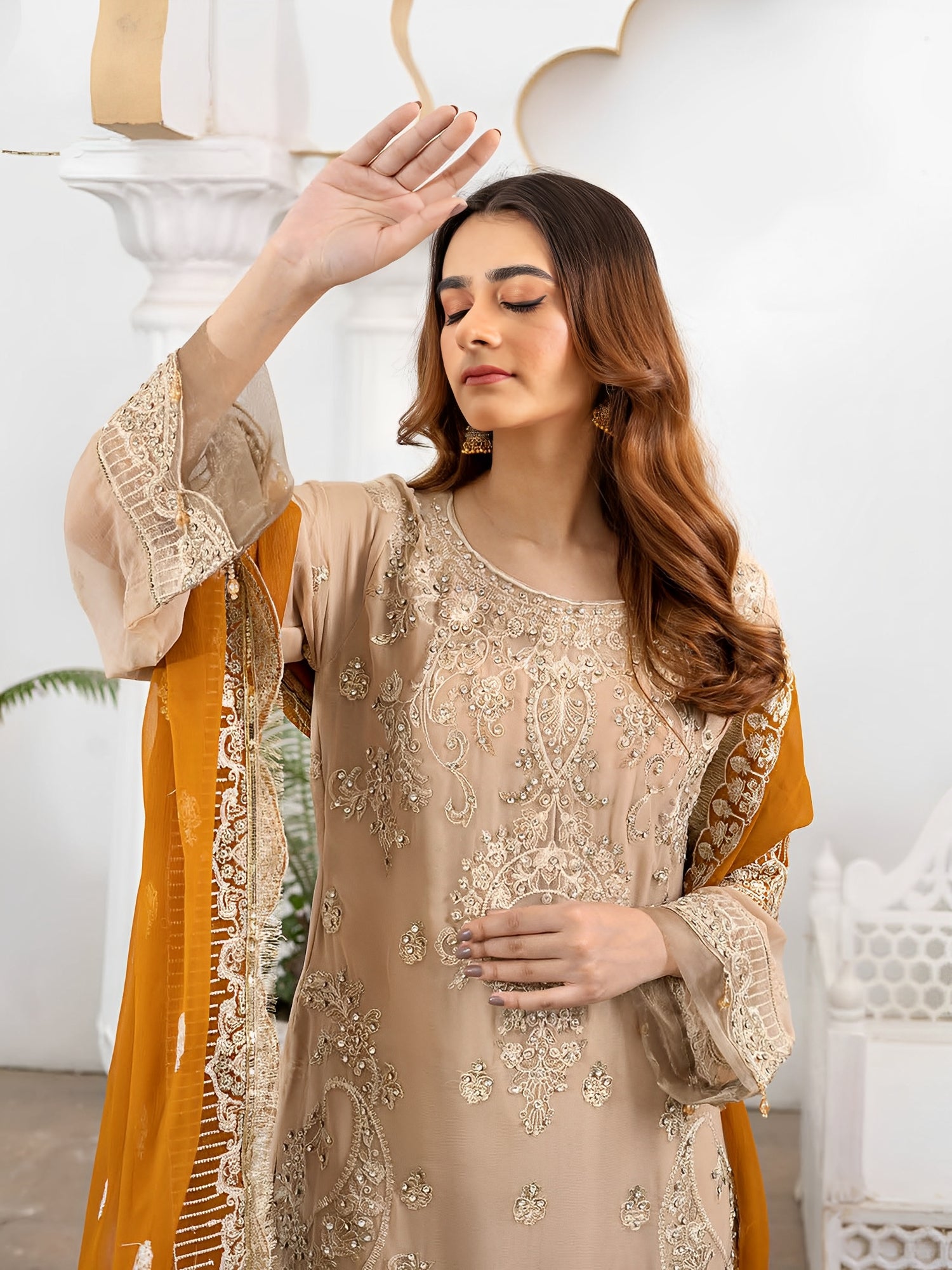 Rangz Luxury Embroidered Chiffon 3pc Suit - Beige & Mustard