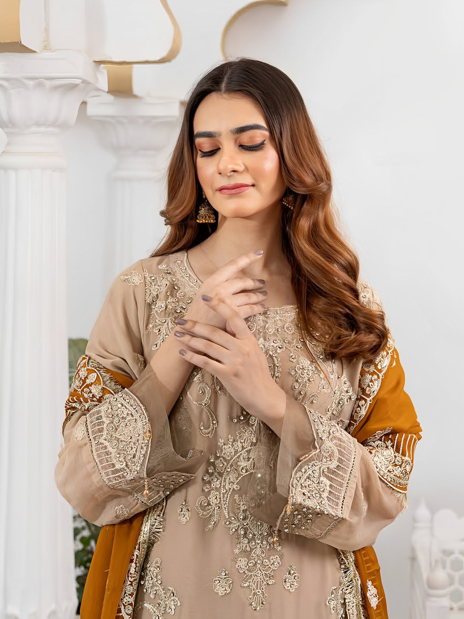 Rangz Luxury Embroidered Chiffon 3pc Suit - Beige & Mustard