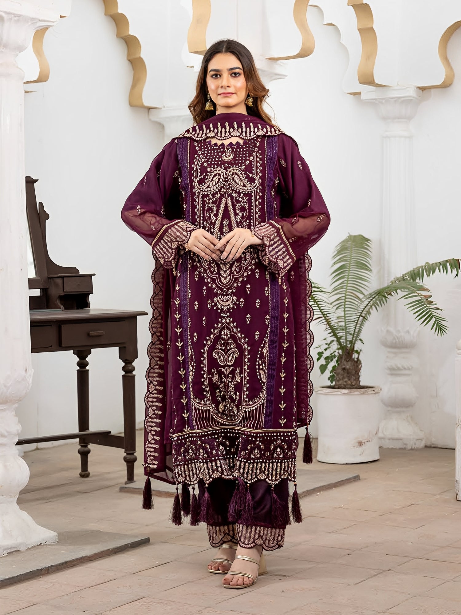 Rangz Luxury Embroidered Chiffon 3pc Suit - Plum