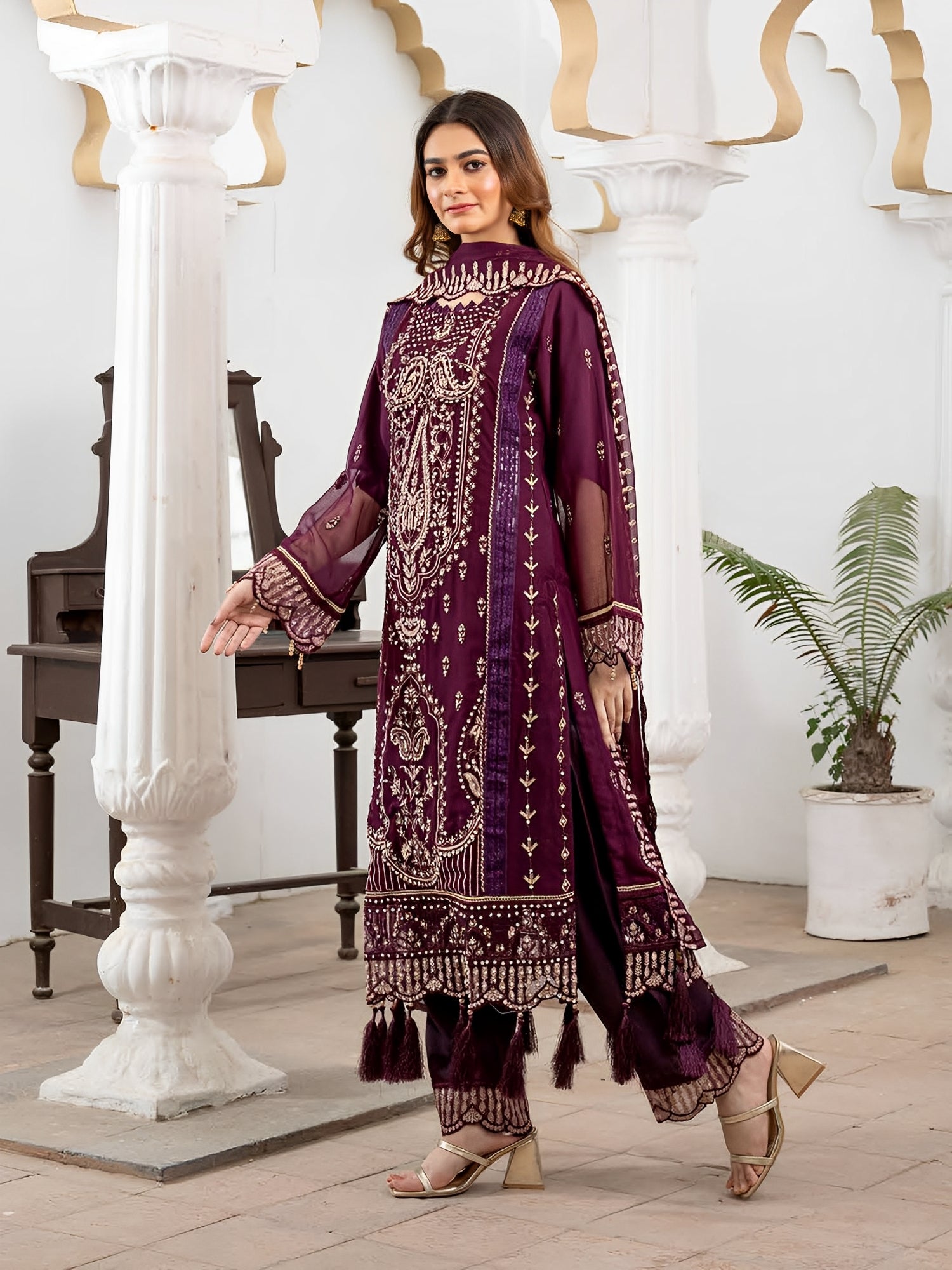 Rangz Luxury Embroidered Chiffon 3pc Suit - Plum