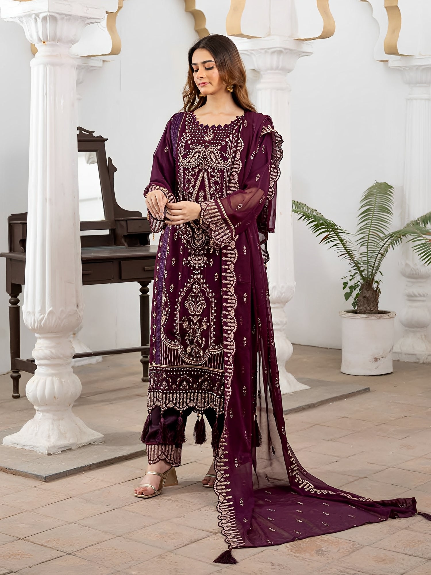 Rangz Luxury Embroidered Chiffon 3pc Suit - Plum
