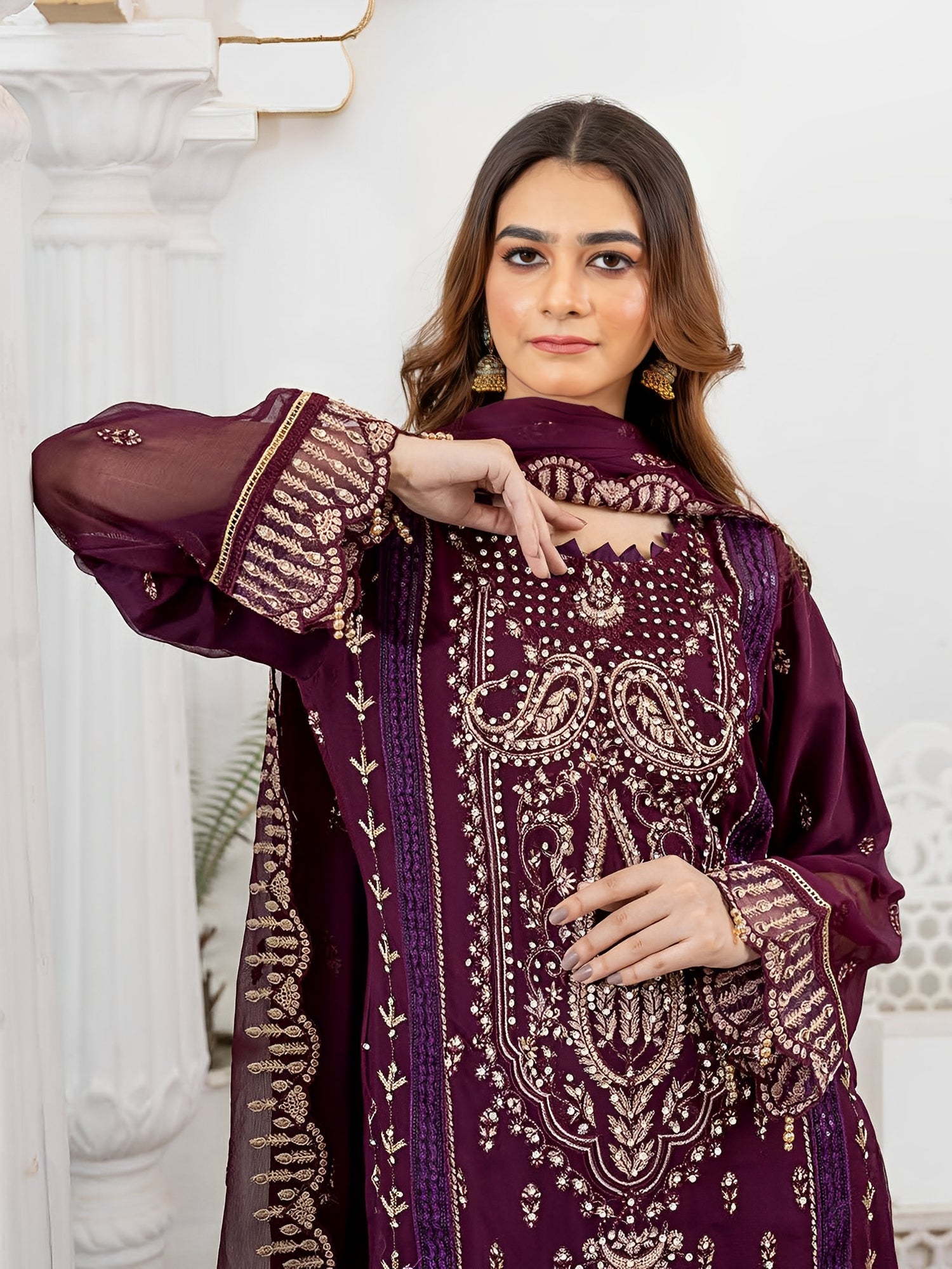 Rangz Luxury Embroidered Chiffon 3pc Suit - Plum