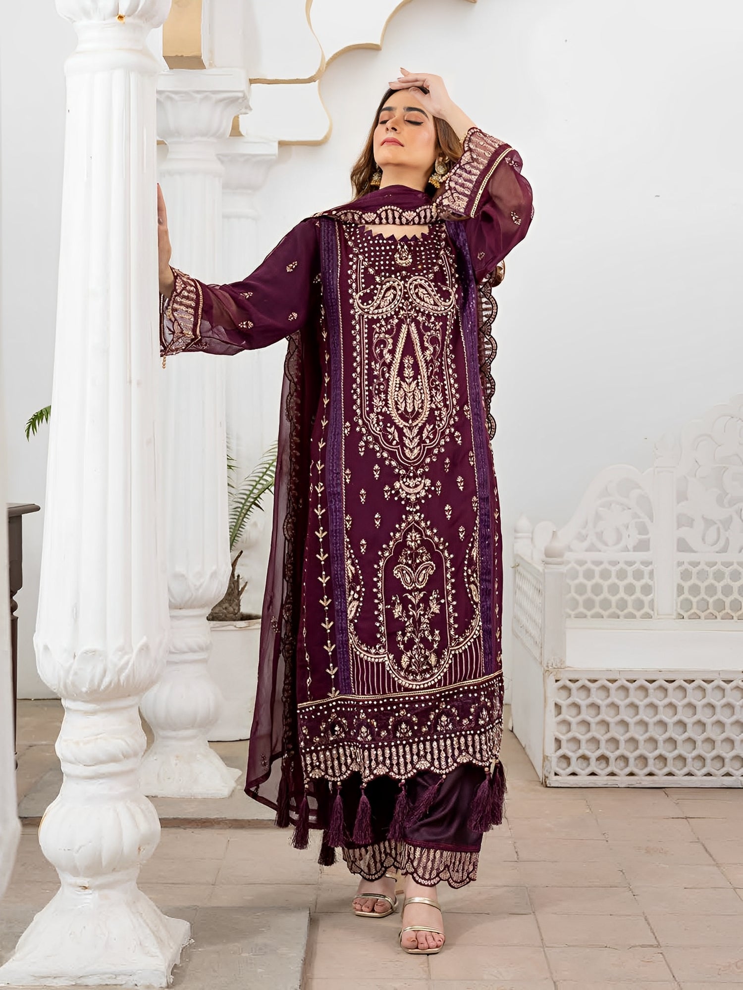 Rangz Luxury Embroidered Chiffon 3pc Suit - Plum