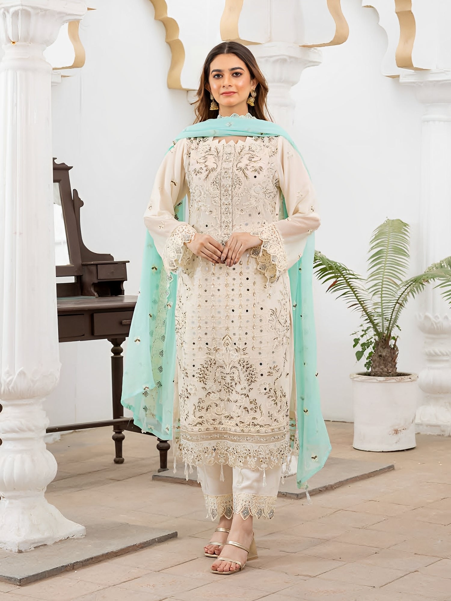 Rangz Luxury Embroidered Chiffon 3pc Suit - Off-White & Turquoise