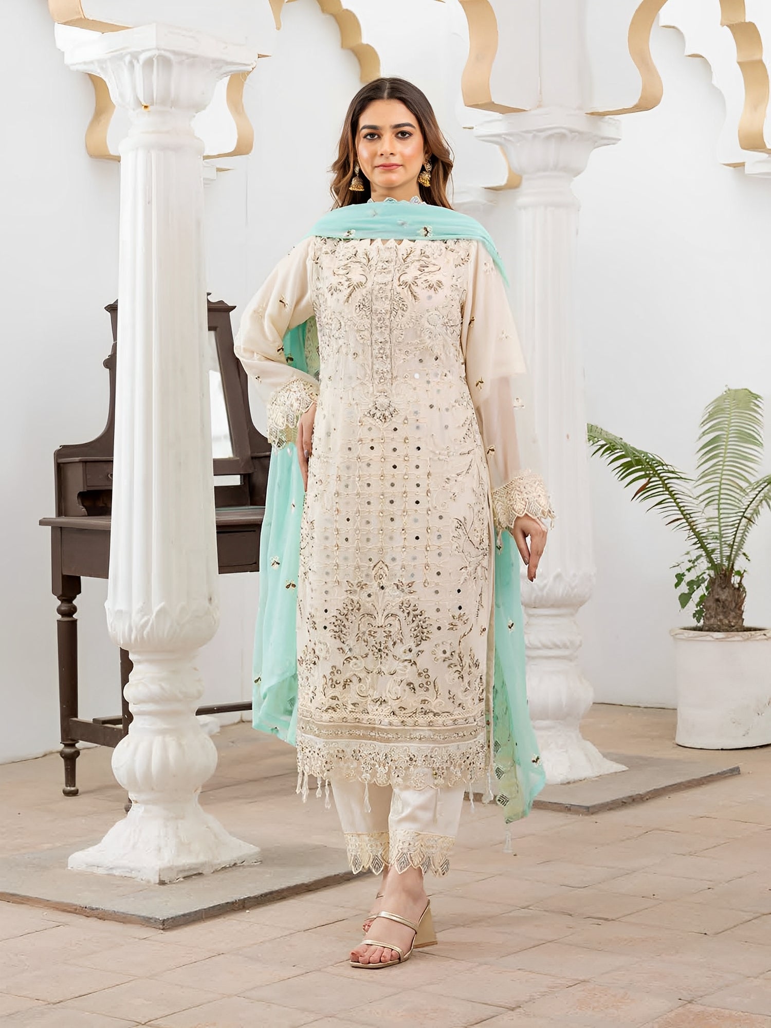 Rangz Luxury Embroidered Chiffon 3pc Suit - Off-White & Turquoise