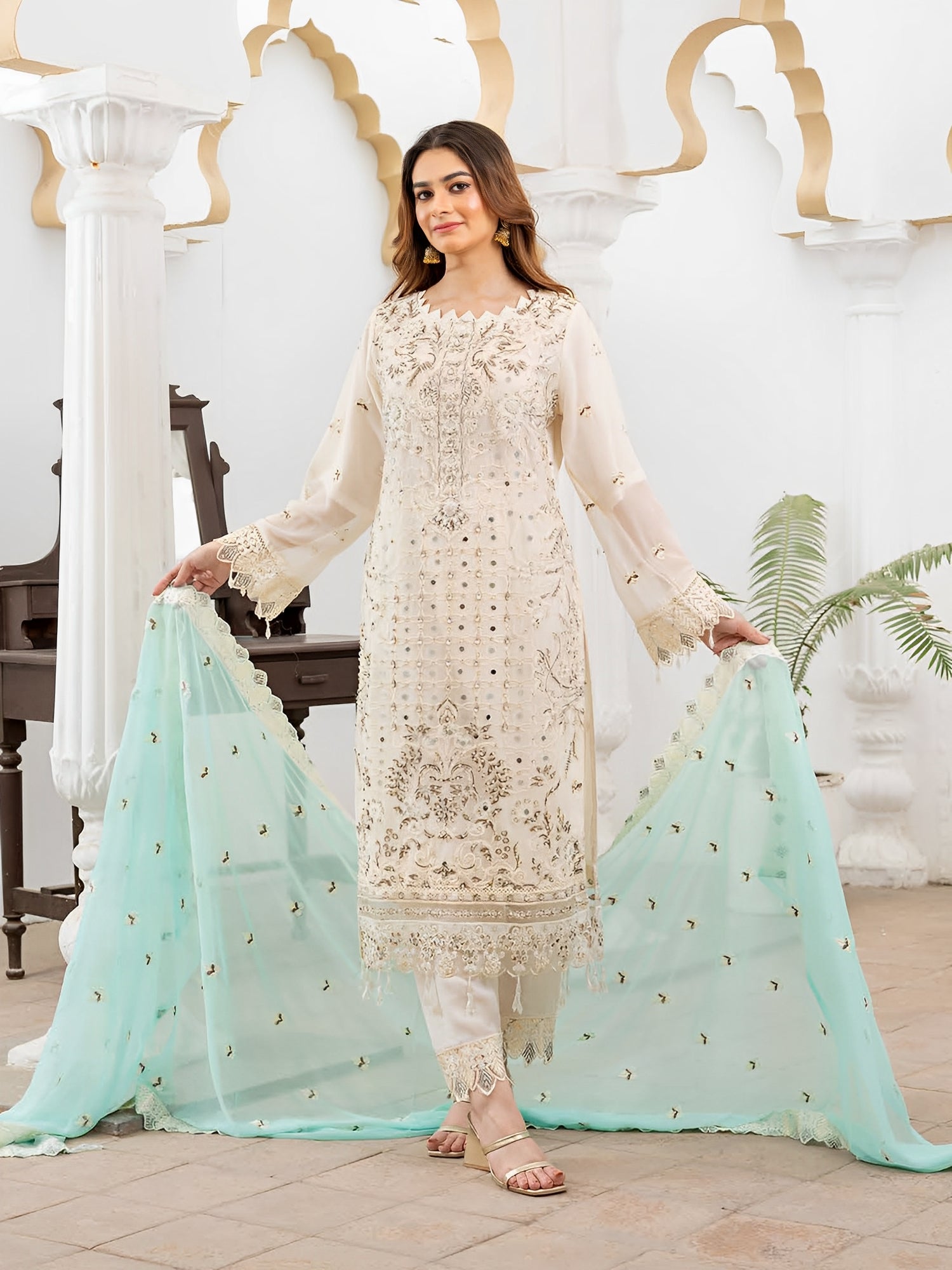 Rangz Luxury Embroidered Chiffon 3pc Suit - Off-White & Turquoise