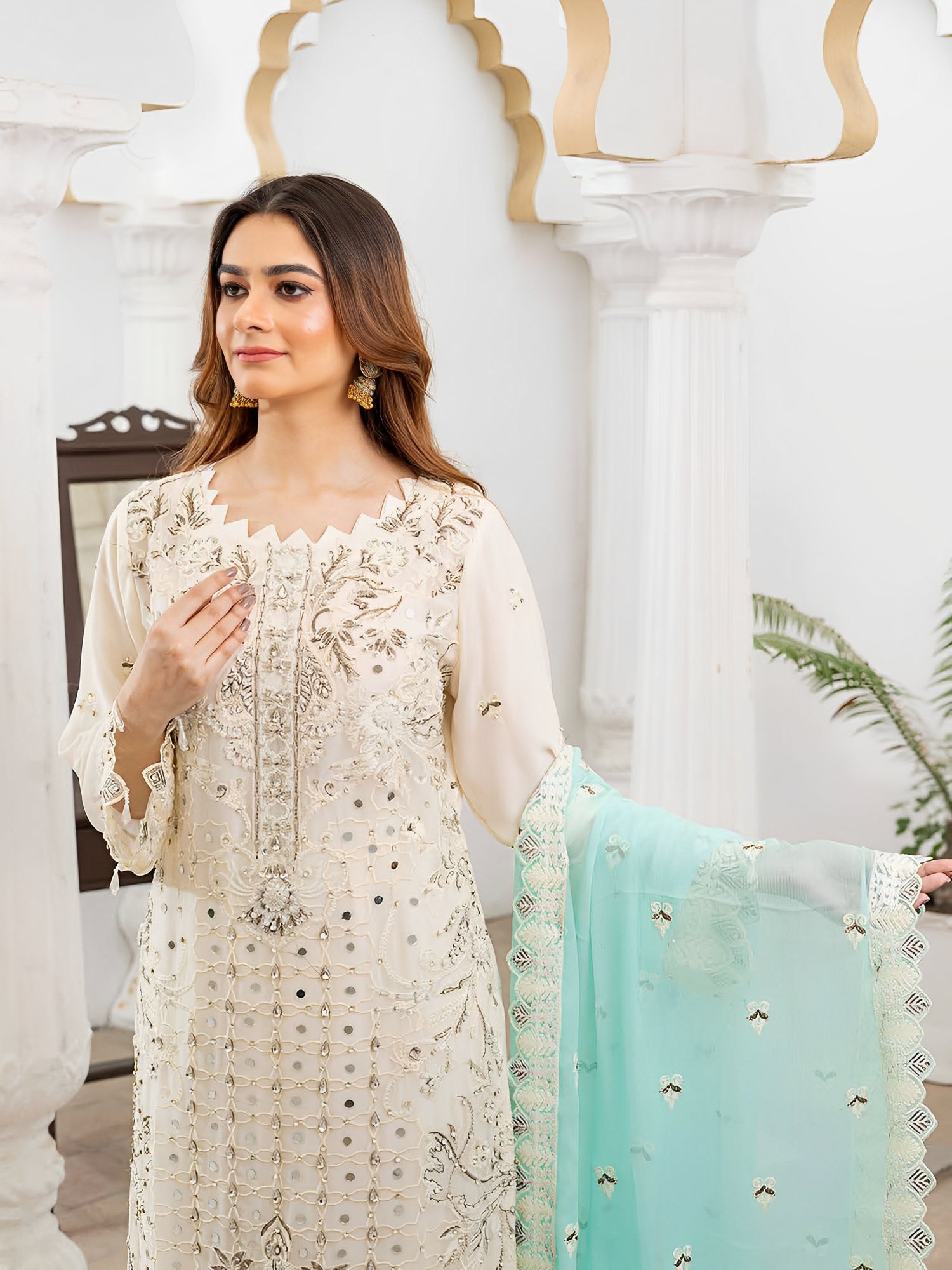 Rangz Luxury Embroidered Chiffon 3pc Suit - Off-White & Turquoise