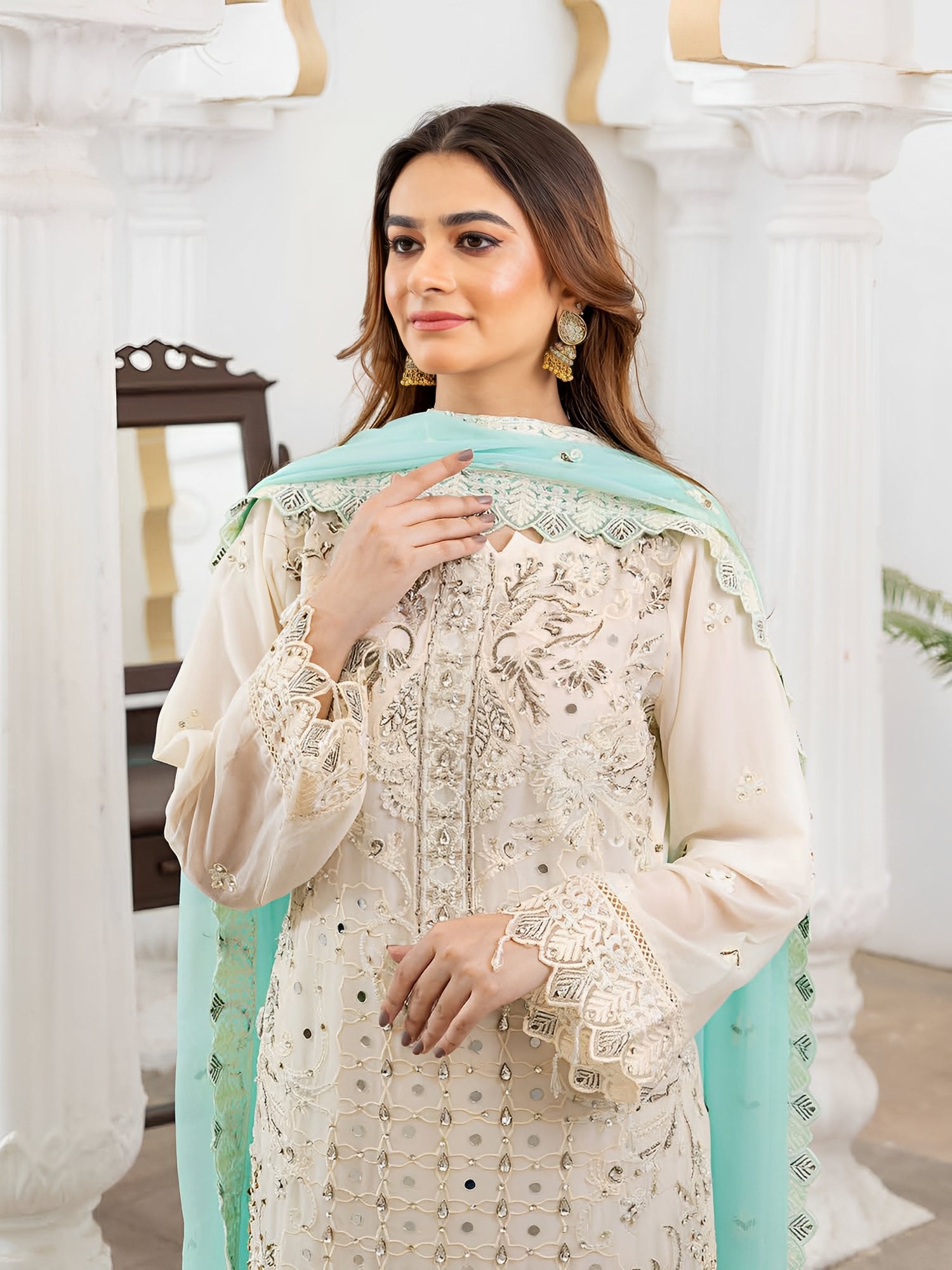 Rangz Luxury Embroidered Chiffon 3pc Suit - Off-White & Turquoise