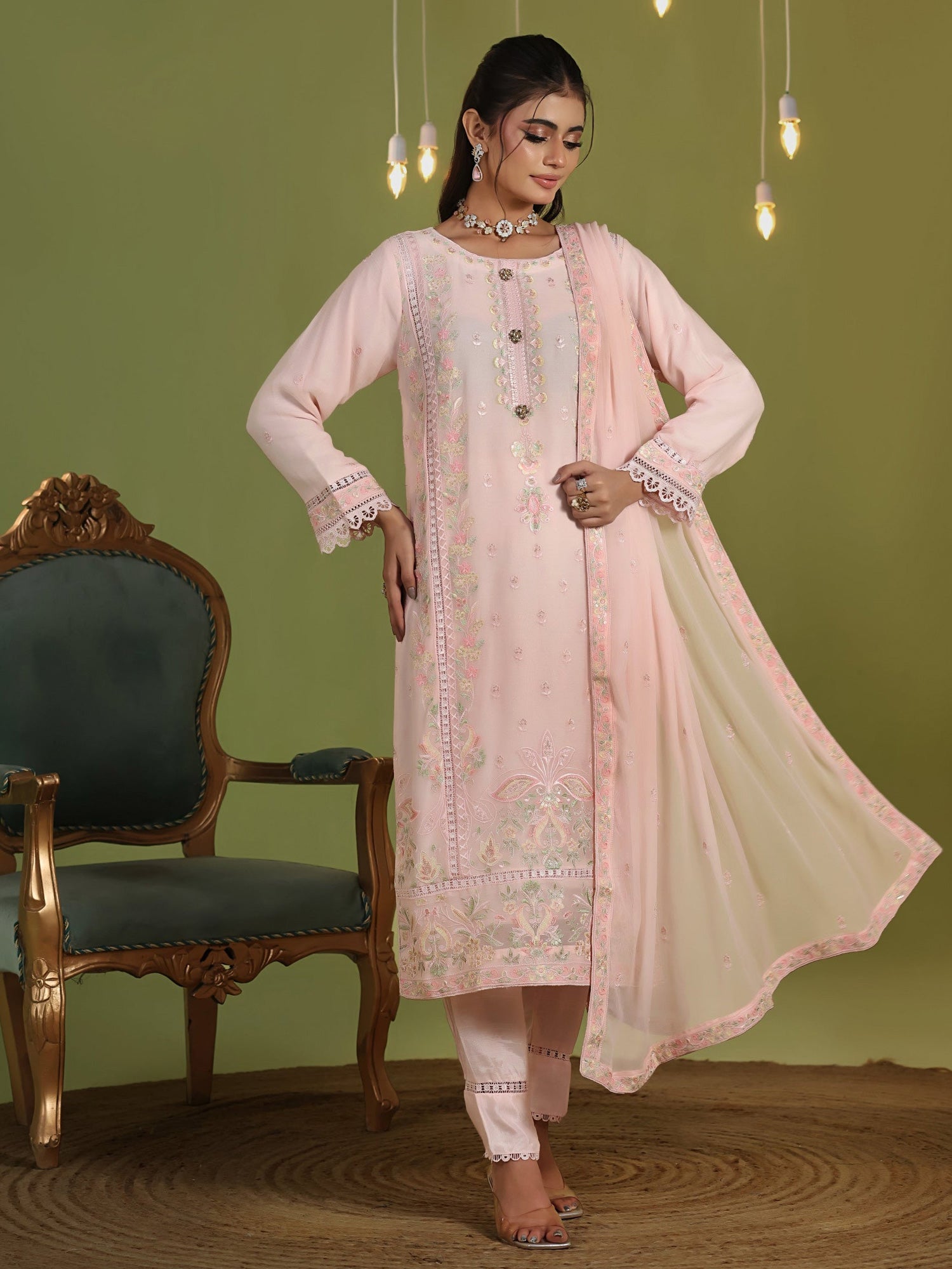 Wardah Uzair "Chiffon Breeze" Lux Embroidered Chiffon Suit - Floral Dream