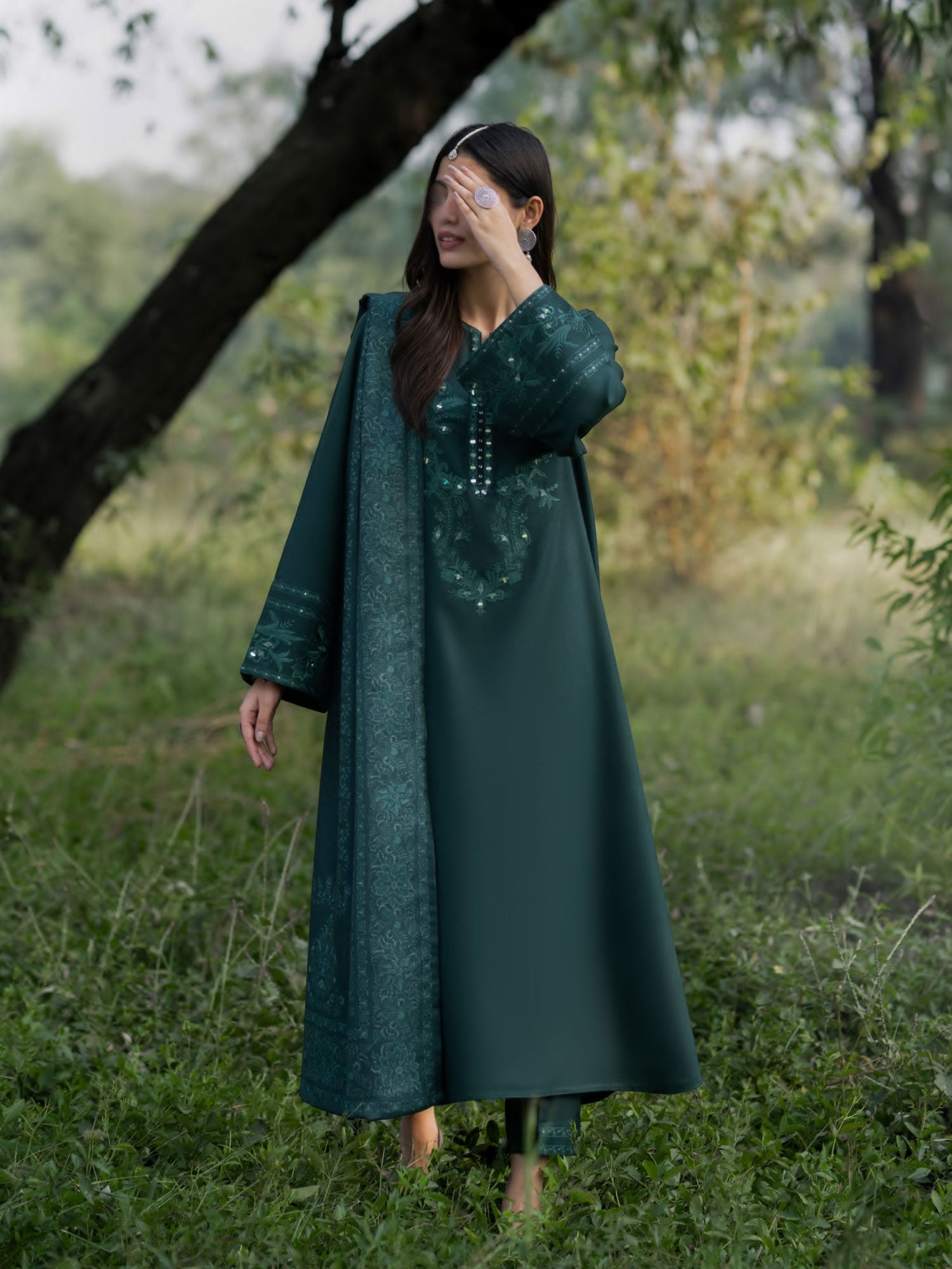 Casual Lite "Khunki" Premium Dhanak Suit with Pashmina Shawl - Green