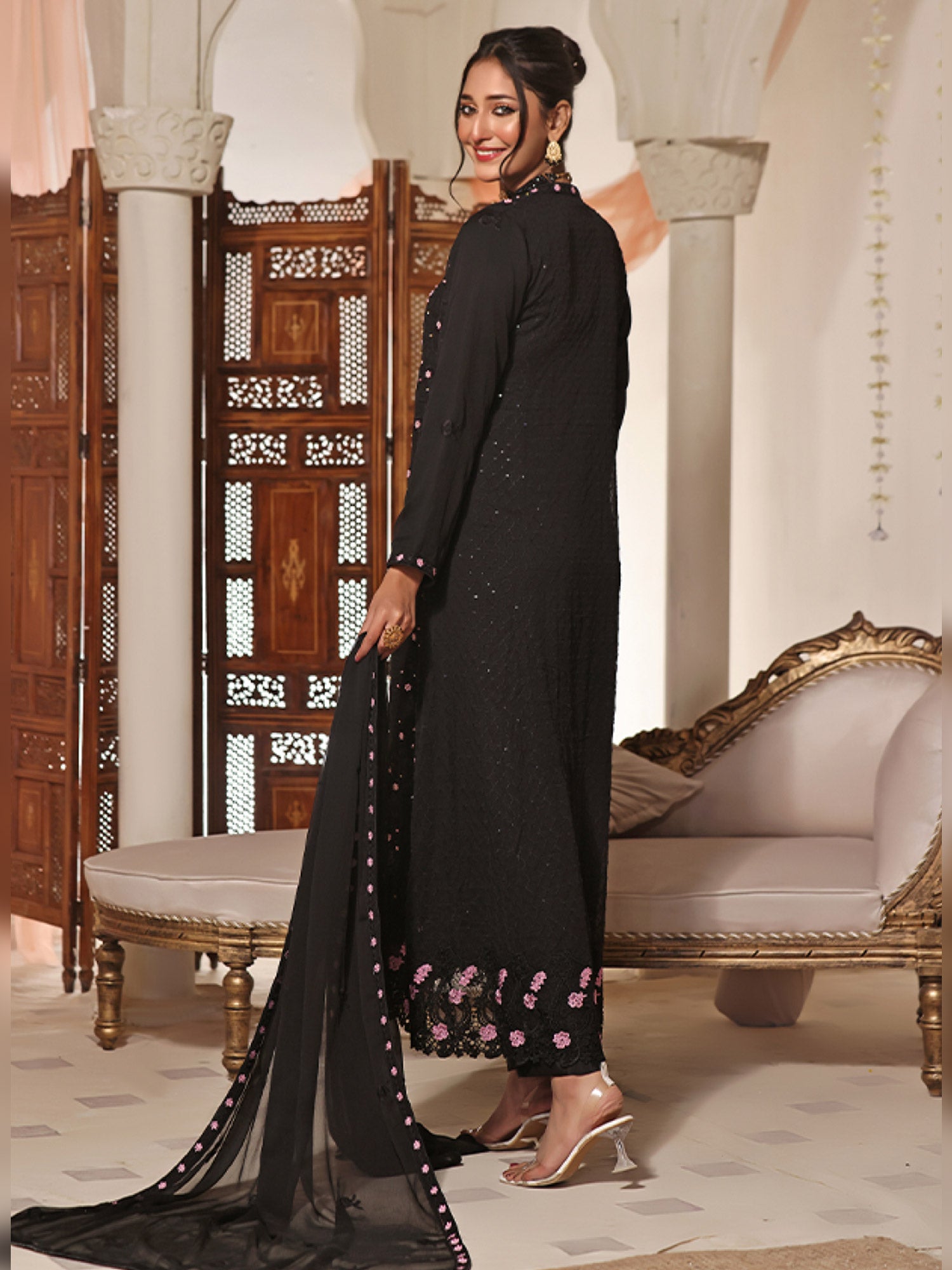 Wardah Uzair Handwork Embroidered Chiffon Gown Suit - Black