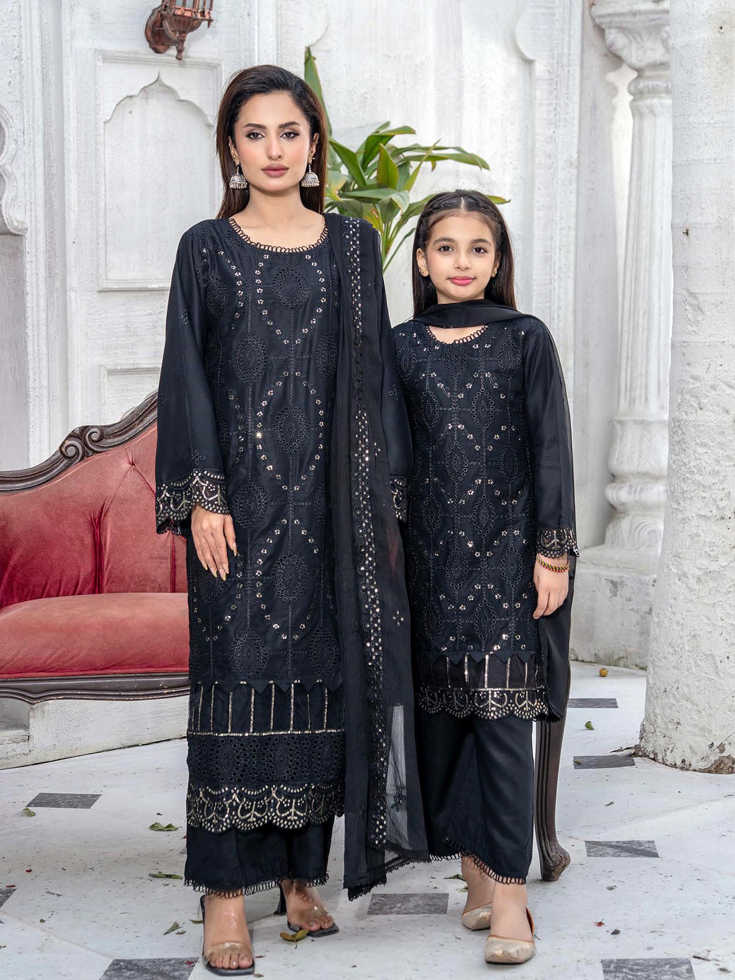 Rangz Mother-Daughter Linen Embroidered Chikankari Suit - Black