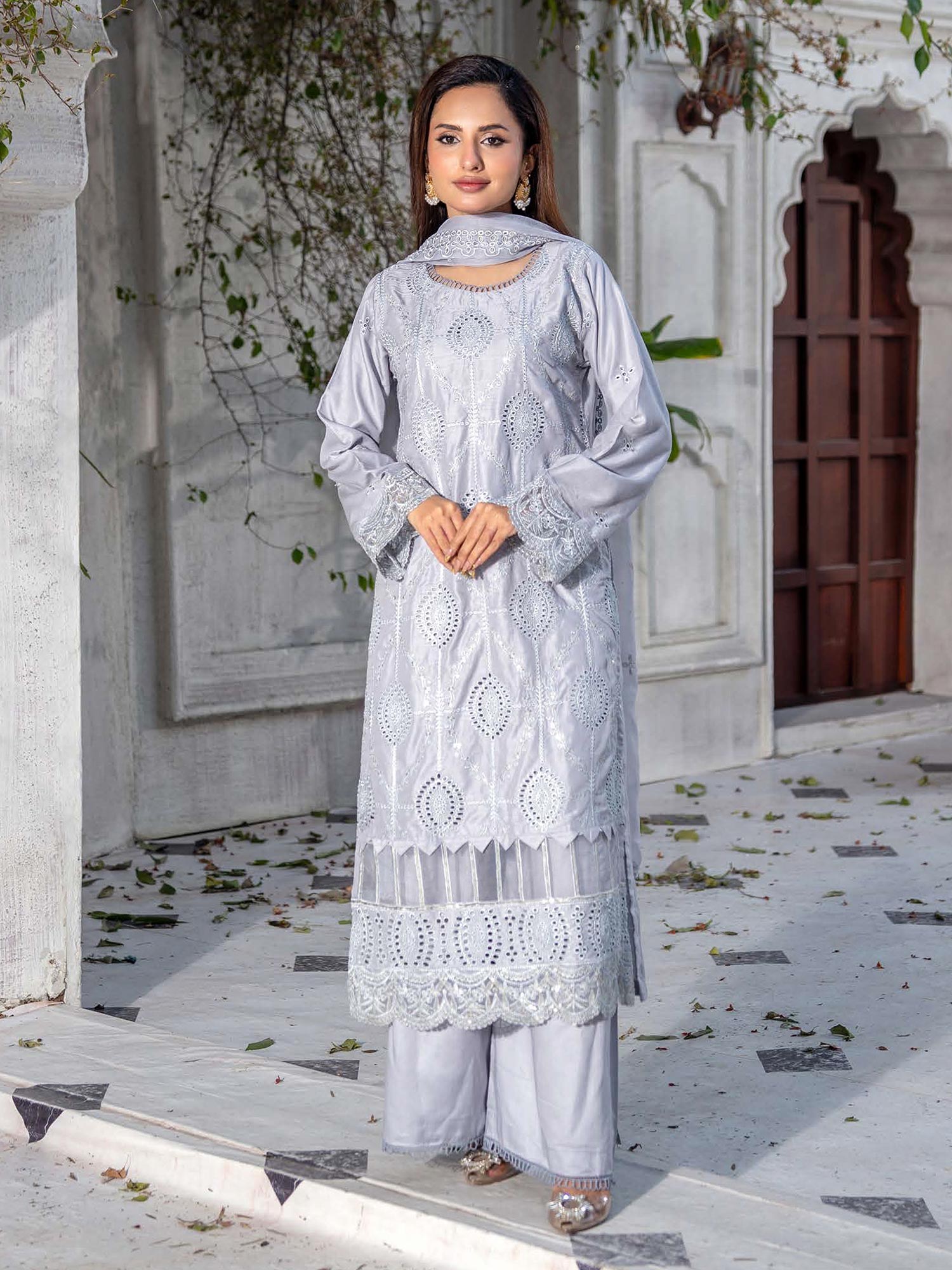Rangz Mother-Daughter Linen Embroidered Chikankari Suit - Grey