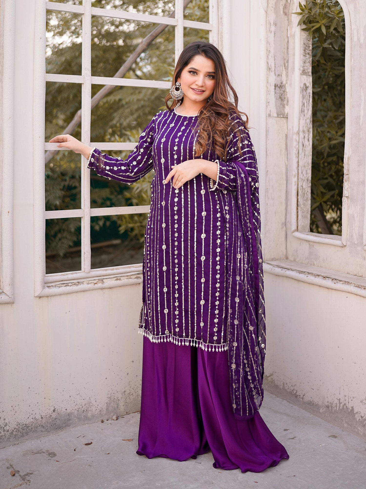 Sequins Chiffon Suit with Silk Palazzo - Purple