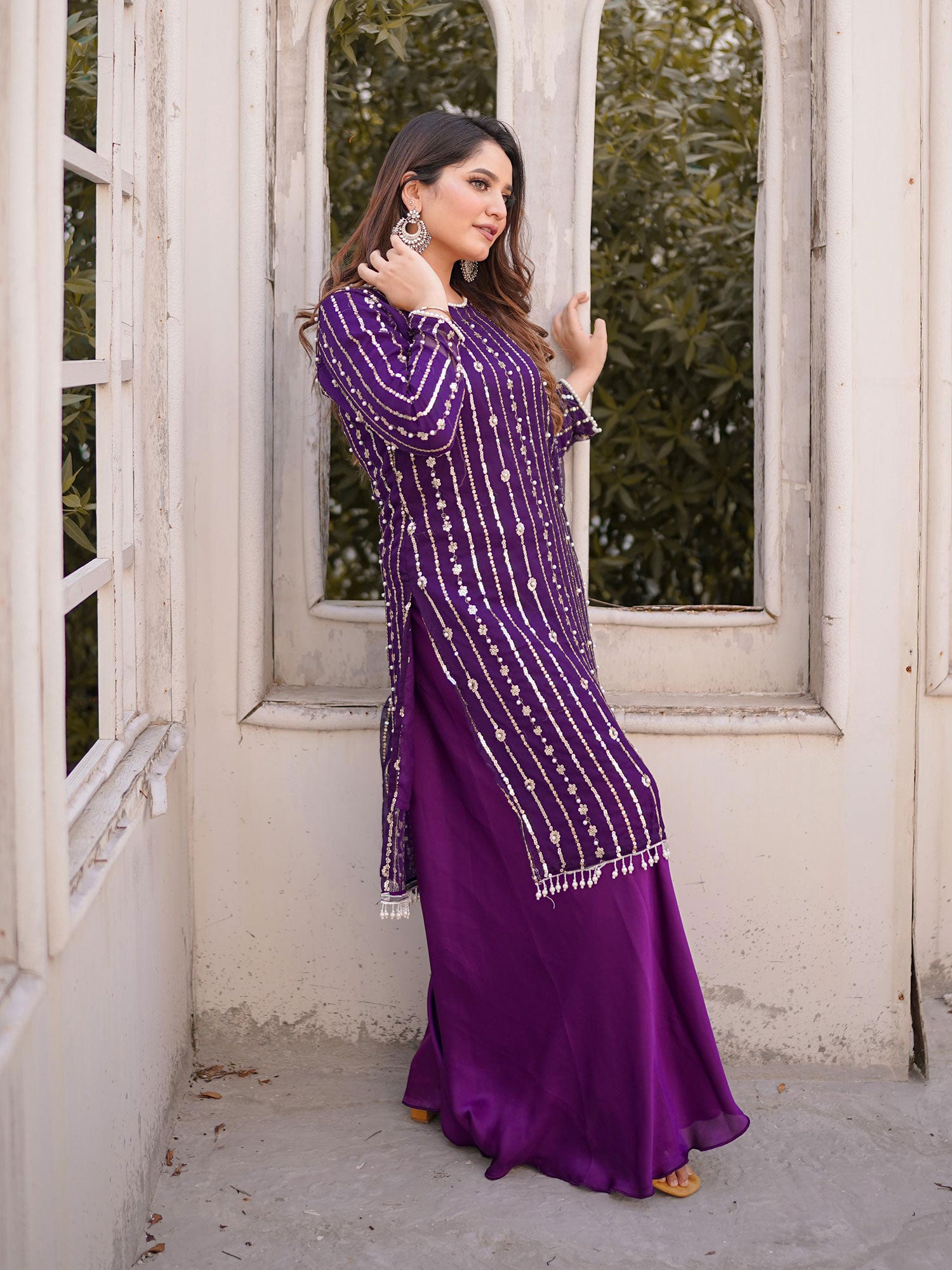 Sequins Chiffon Suit with Silk Palazzo - Purple
