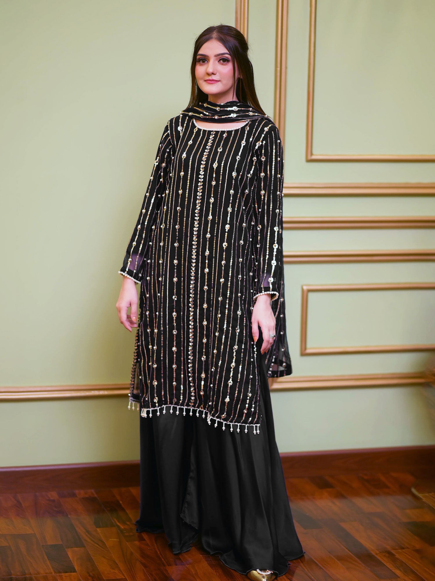 Sequins Chiffon Suit with Silk Palazzo - Black