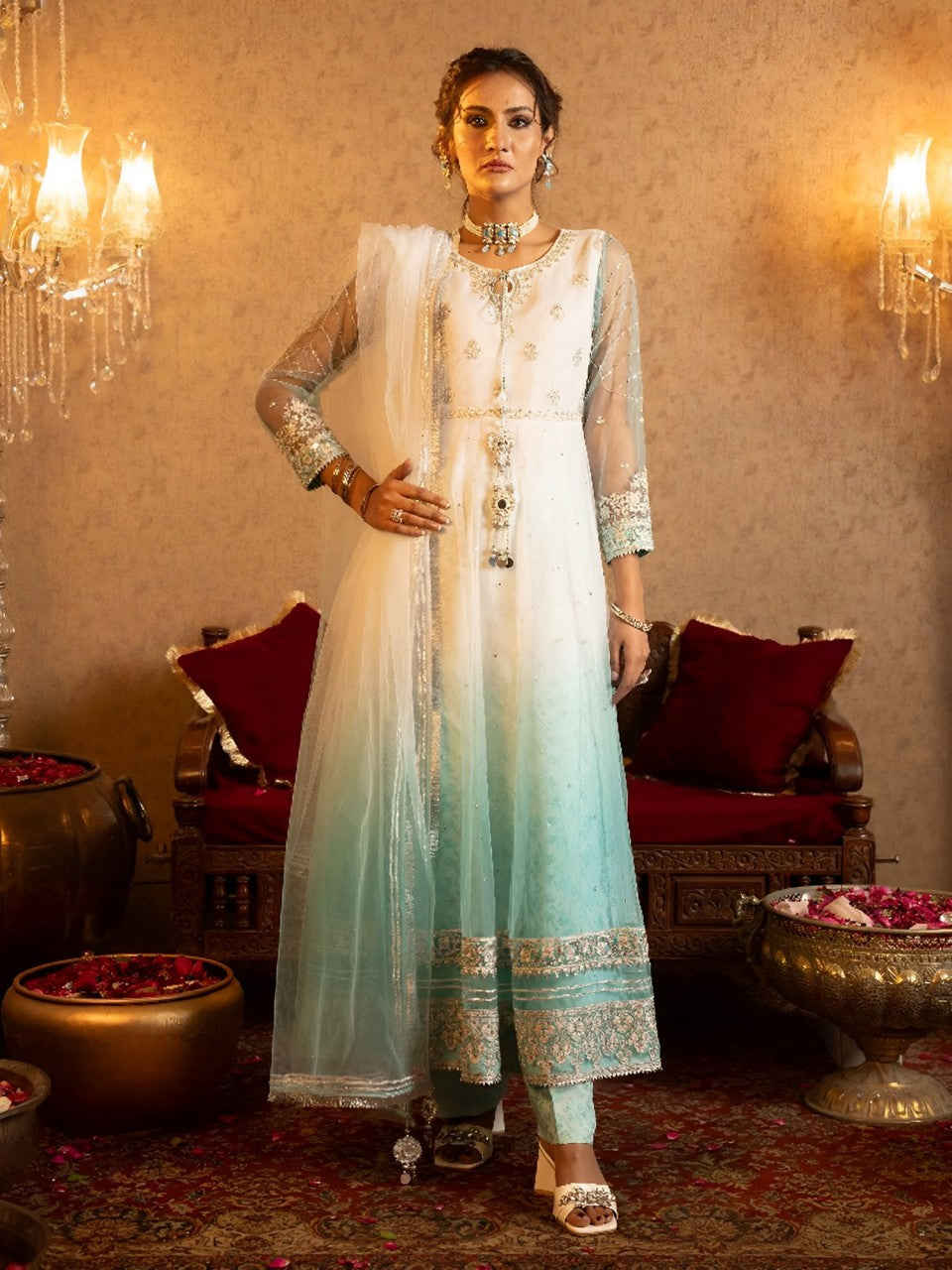 Sha Posh Embroidered Net Maxi Suit - Aqua