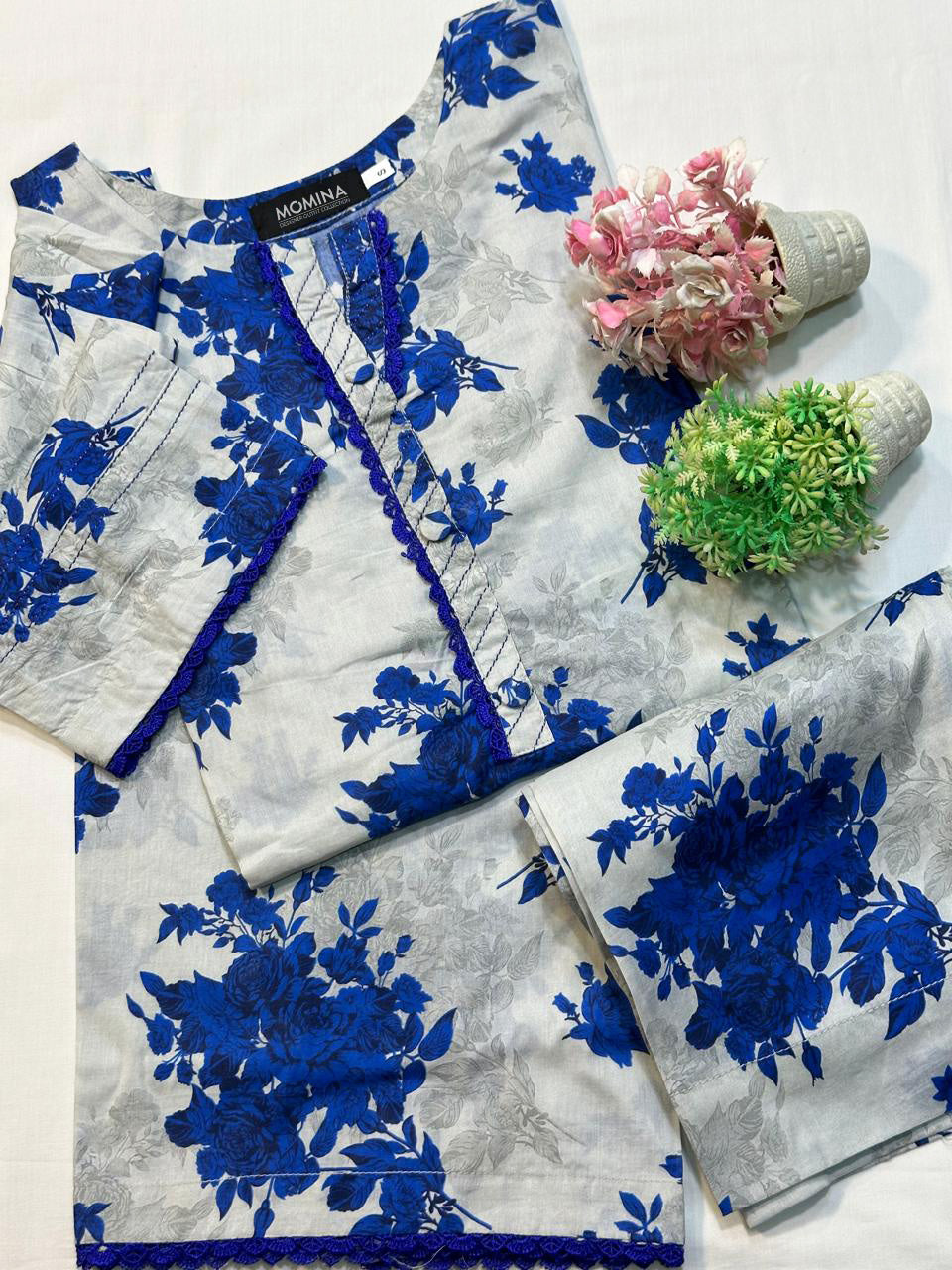 Off-White & Blue Casual Printed Lawn 2-Piece Suit