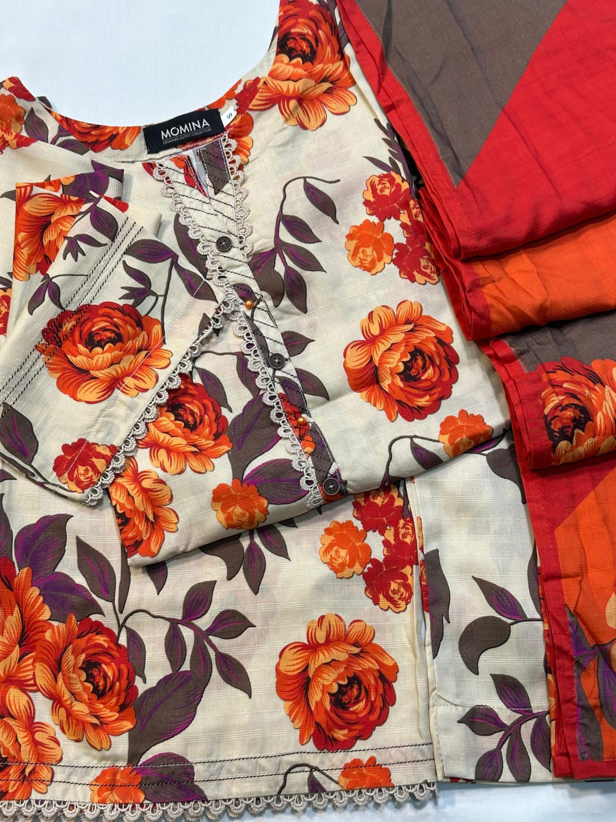 Red & Orange Casual Winter Linen 3-Piece Suit