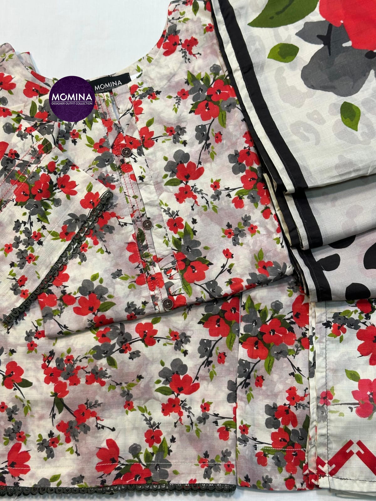 Red Floral Casual Winter Linen 3-Piece Suit