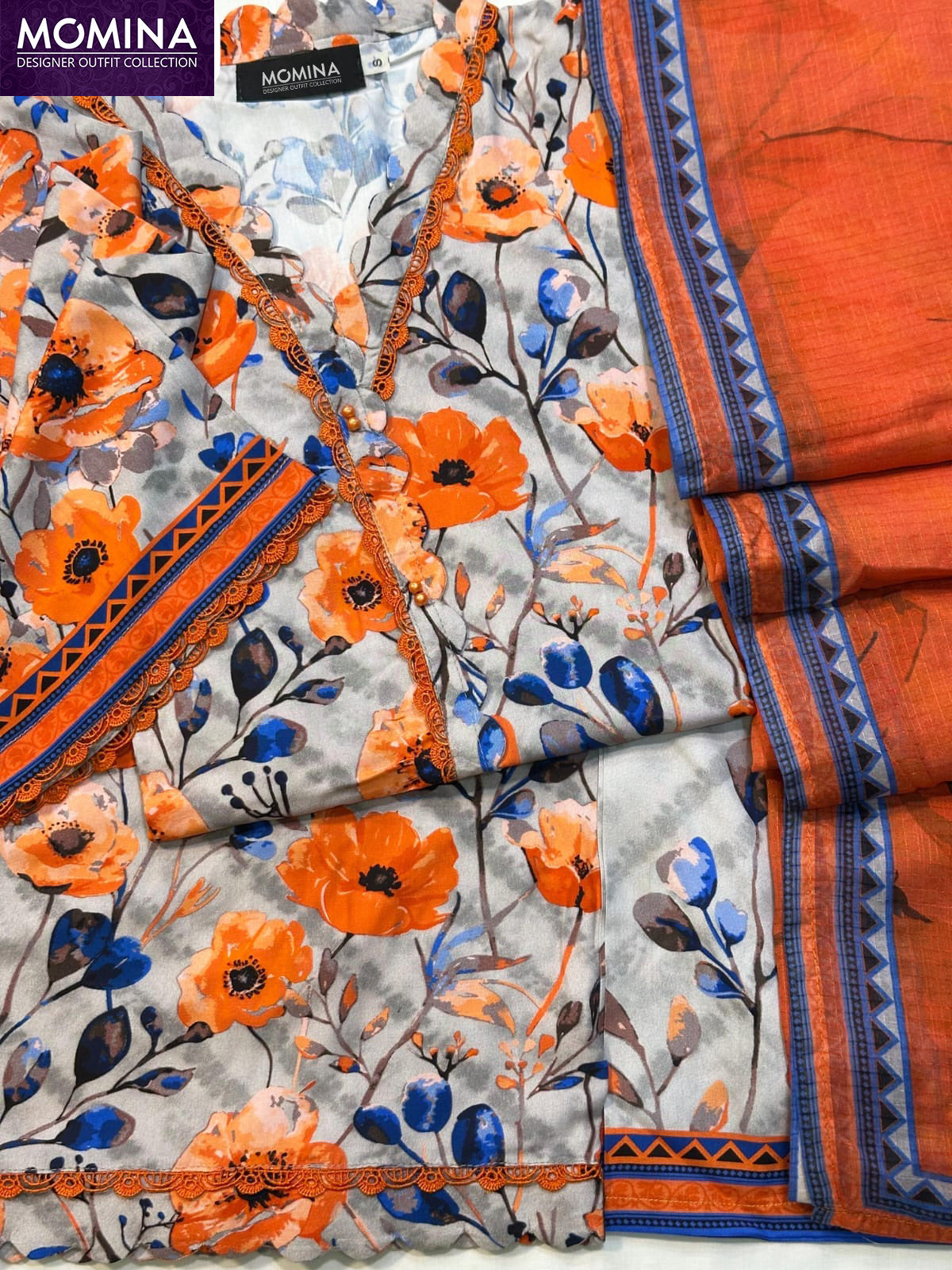 Orange Floral Winter Slub Linen Casual 3-Piece Suit