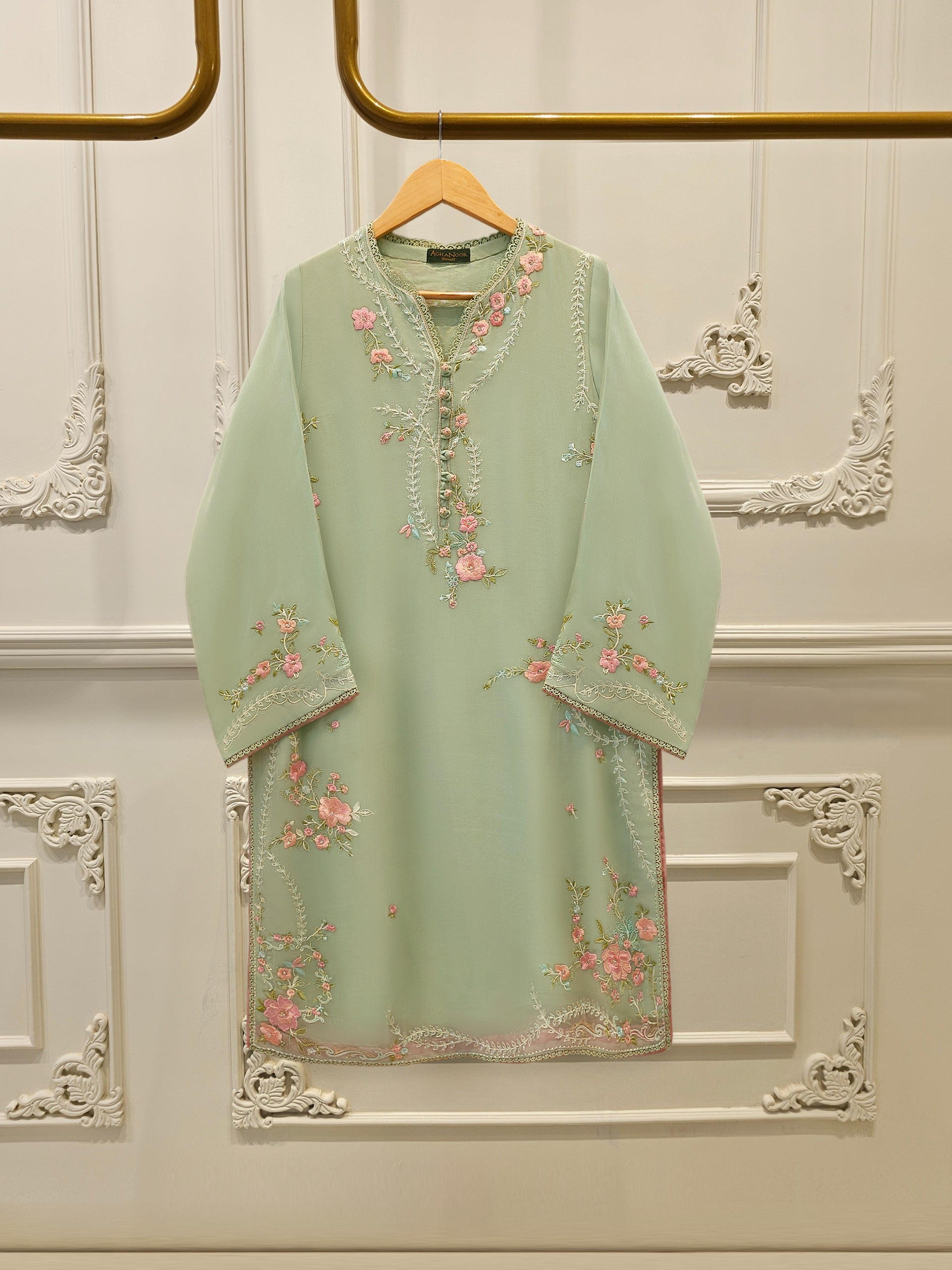 Agha Noor Pista Green Pure Chiffon 2-Piece (Shirt + Trouser)