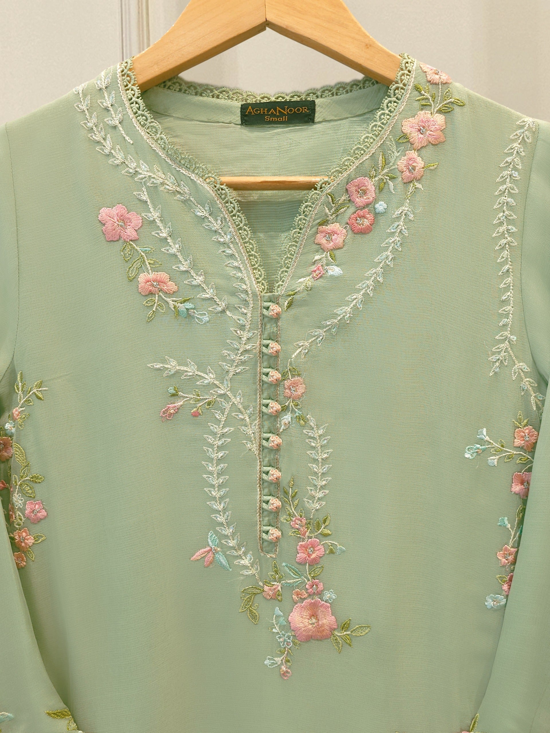 Agha Noor Pista Green Pure Chiffon 2-Piece (Shirt + Trouser)