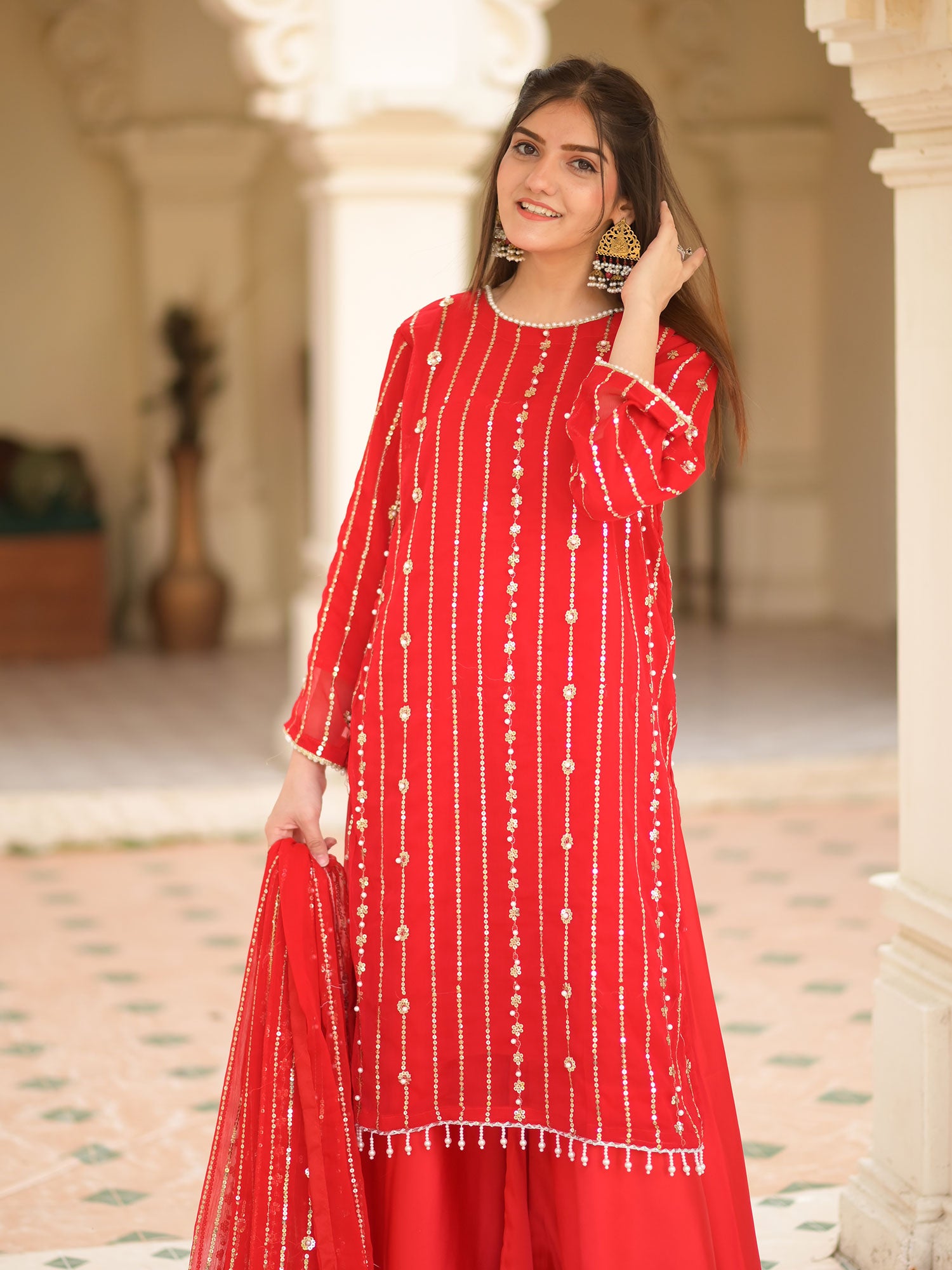Sequins Chiffon Suit with Silk Palazzo - Red