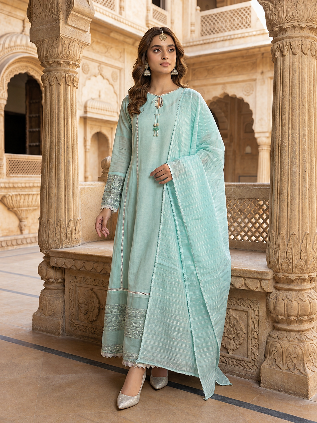 Arfa Riwaj Embroidered Raw Silk 3-Piece Suit - Aqua