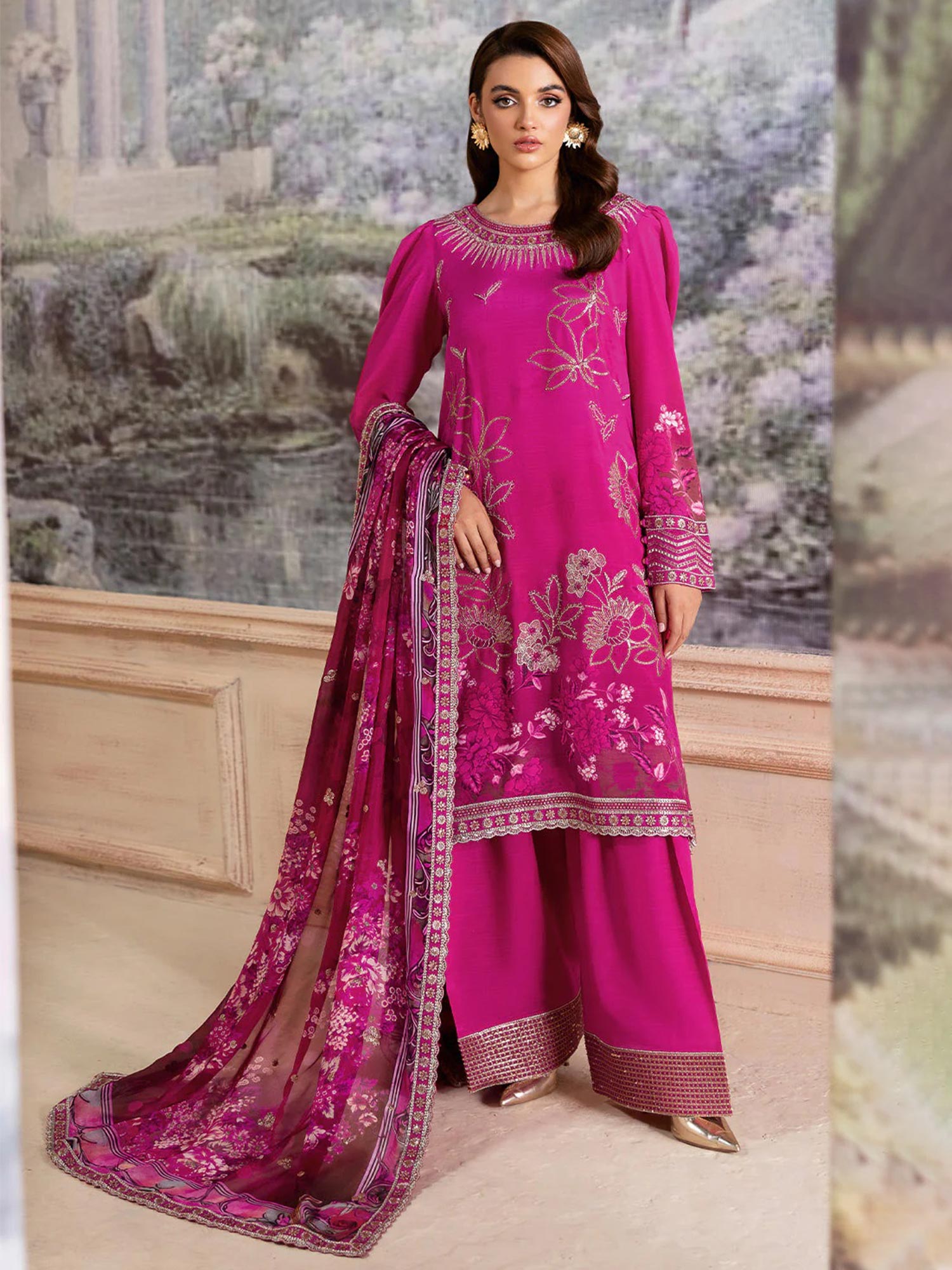 Ramsha "Riwaj" Luxury Embroidered Rawsilk Suit - Pink (K-501)