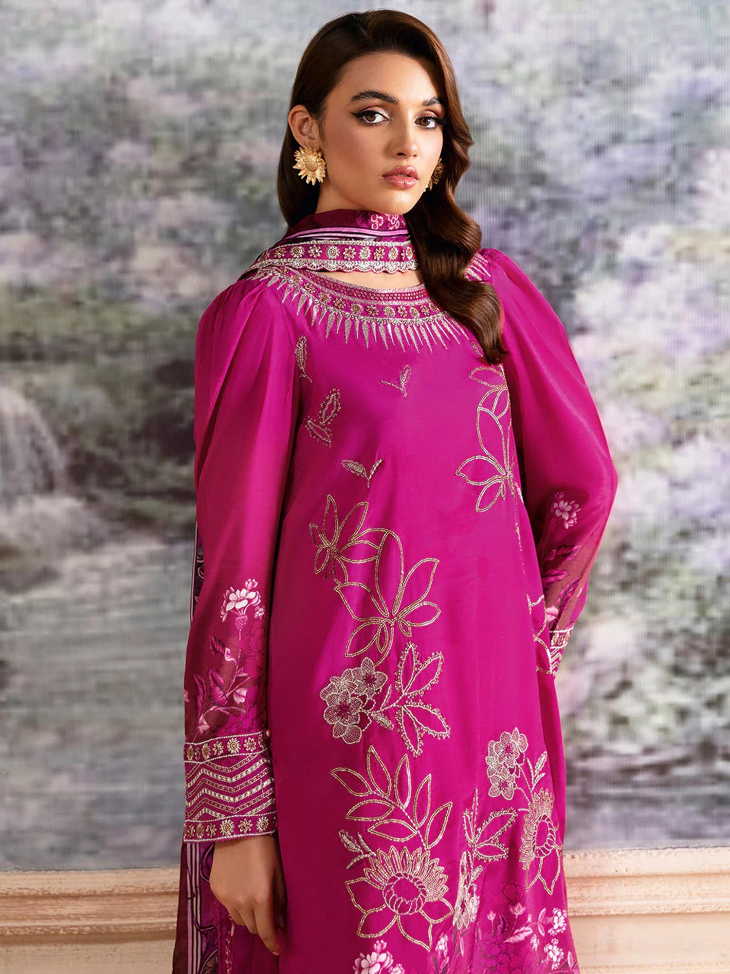 Ramsha "Riwaj" Luxury Embroidered Rawsilk Suit - Pink (K-501)