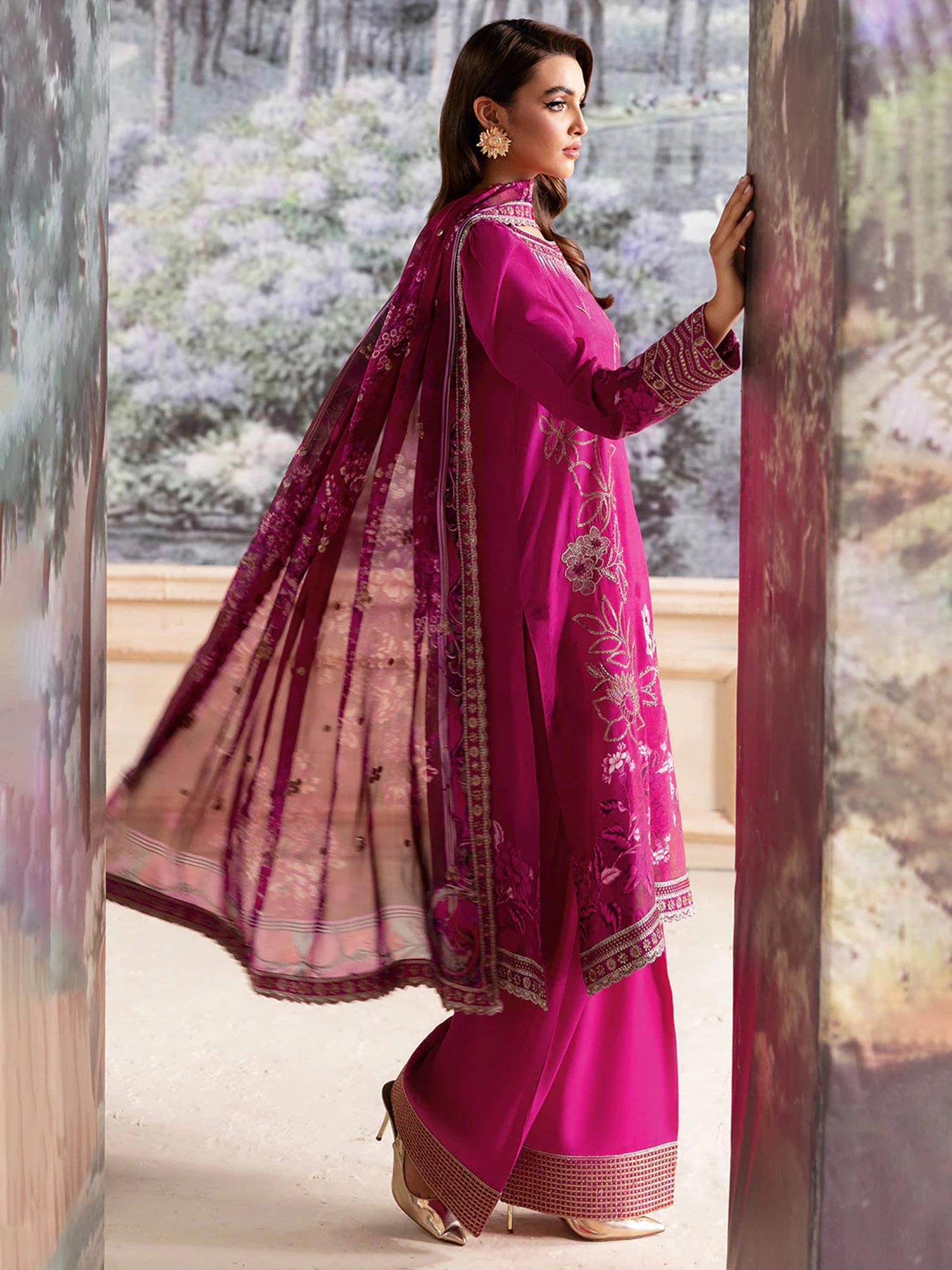Ramsha "Riwaj" Luxury Embroidered Rawsilk Suit - Pink (K-501)