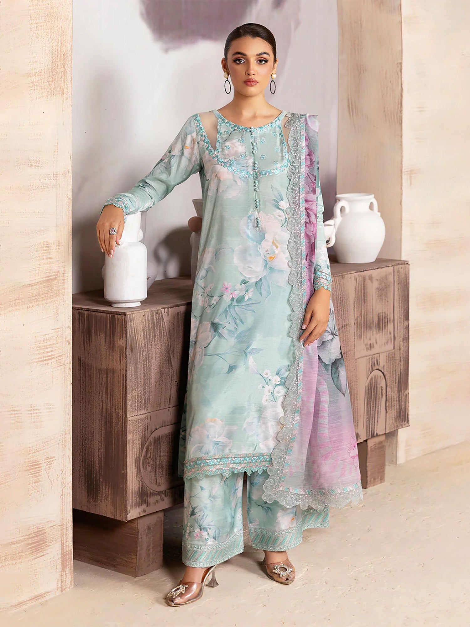 Ramsha "Riwaj" Luxury Embroidered Rawsilk Suit - Aqua (K-502)