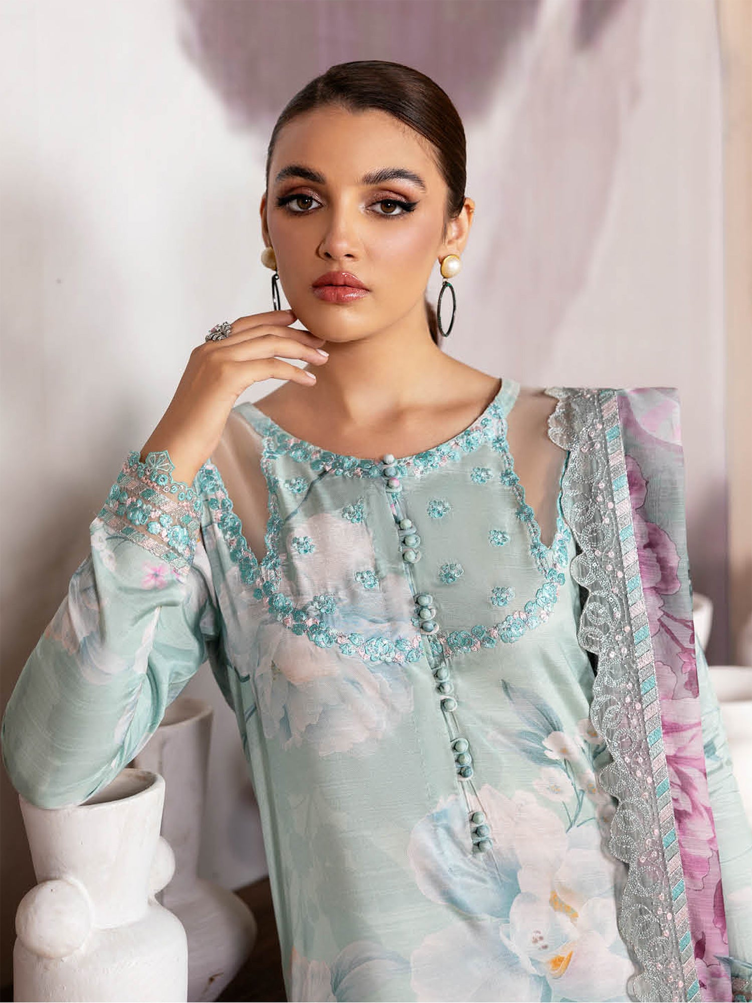 Ramsha "Riwaj" Luxury Embroidered Rawsilk Suit - Aqua (K-502)