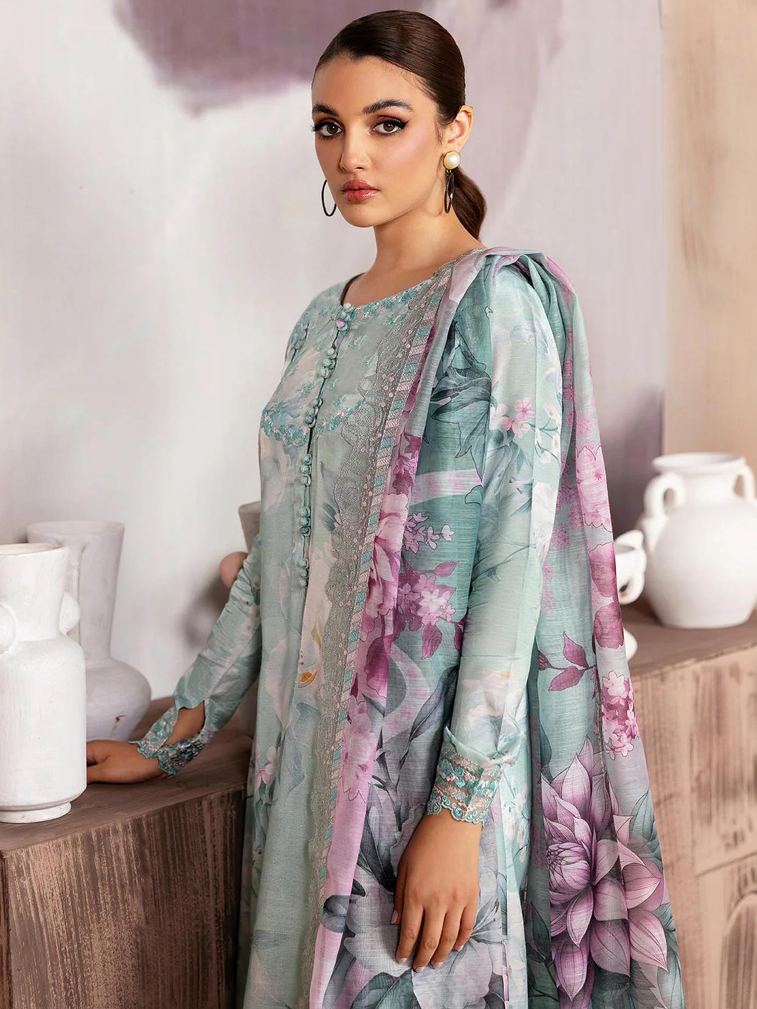 Ramsha "Riwaj" Luxury Embroidered Rawsilk Suit - Aqua (K-502)