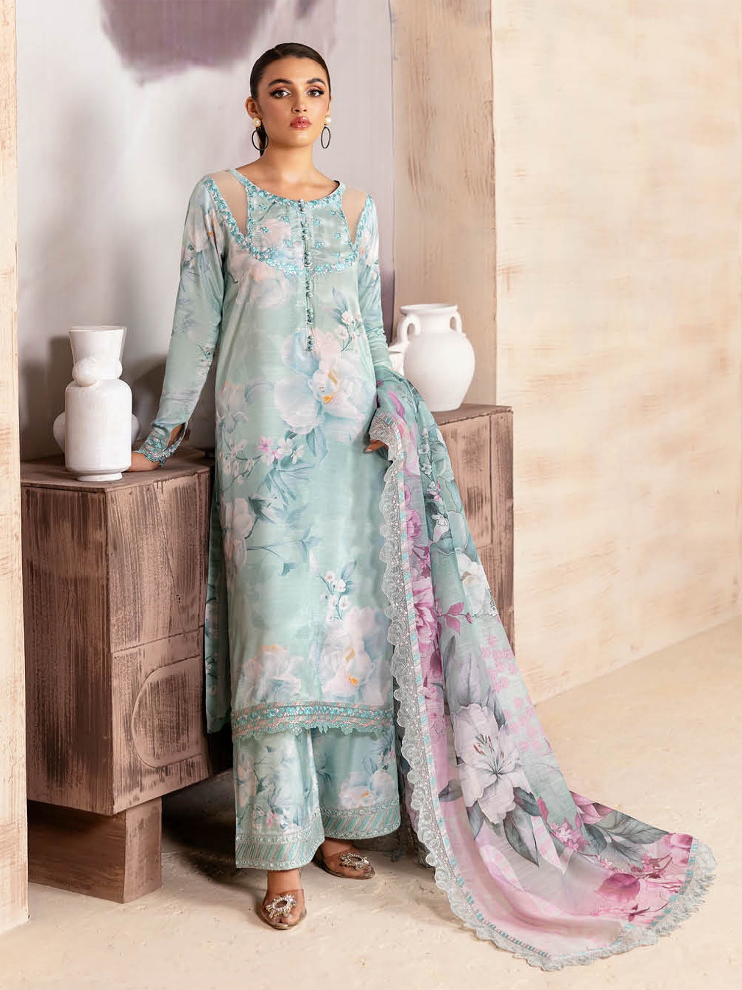 Ramsha "Riwaj" Luxury Embroidered Rawsilk Suit - Aqua (K-502)