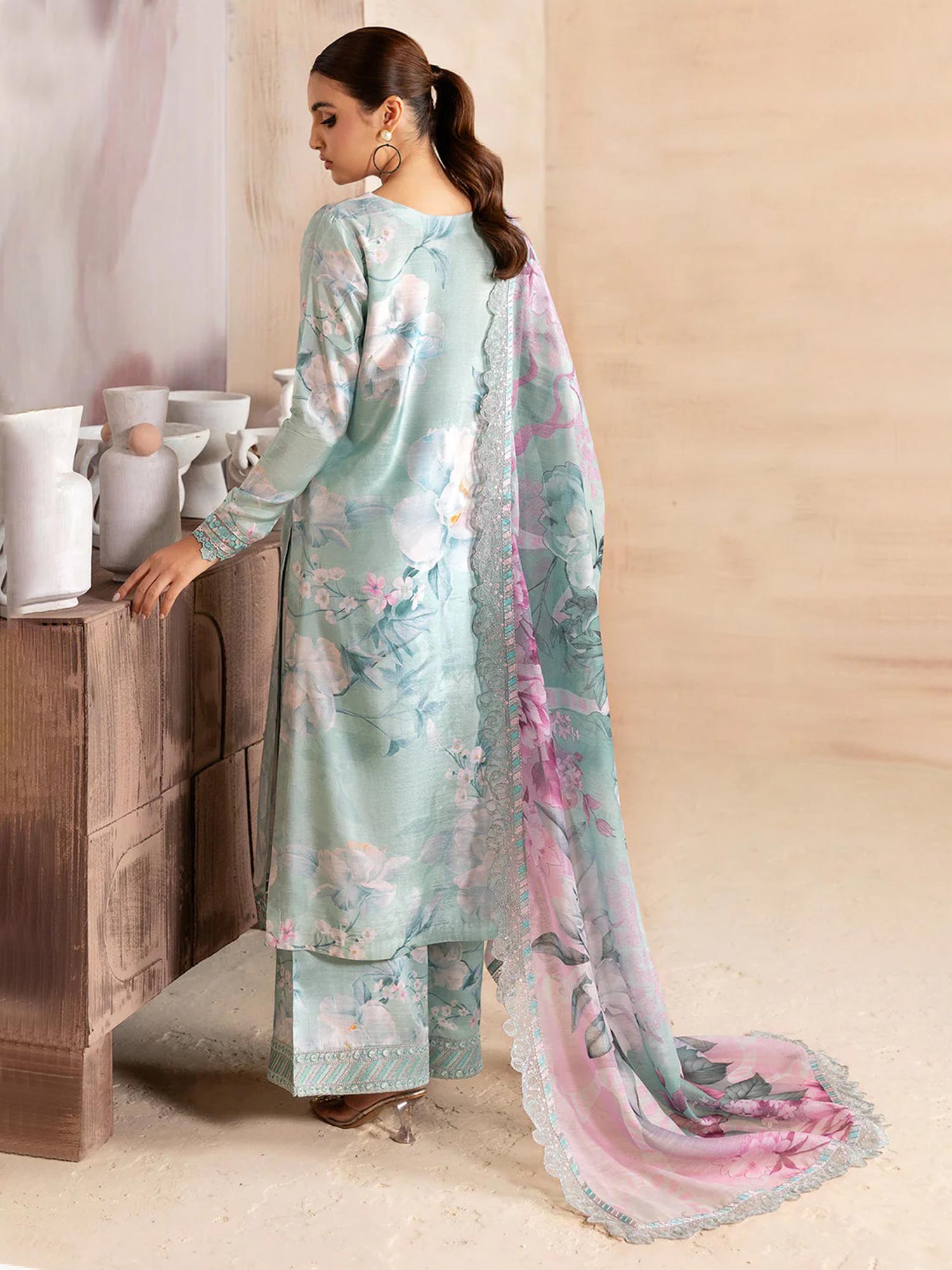 Ramsha "Riwaj" Luxury Embroidered Rawsilk Suit - Aqua (K-502)