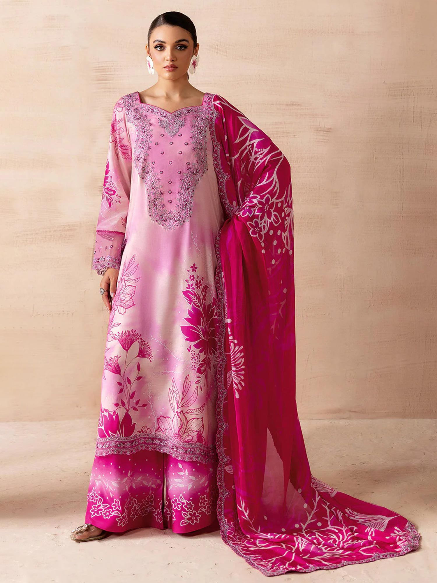 Ramsha "Riwaj" Luxury Embroidered Rawsilk Suit - Pink (K-505)
