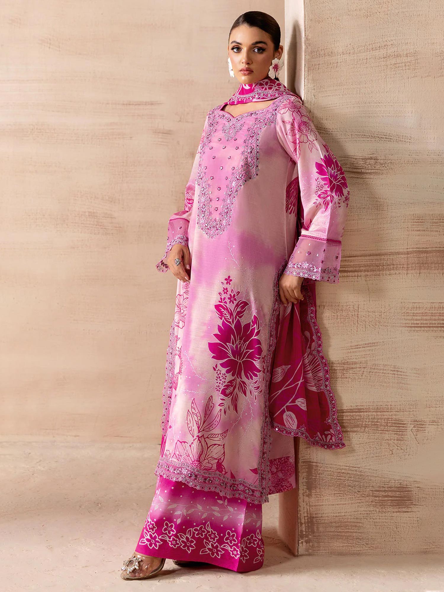 Ramsha "Riwaj" Luxury Embroidered Rawsilk Suit - Pink (K-505)