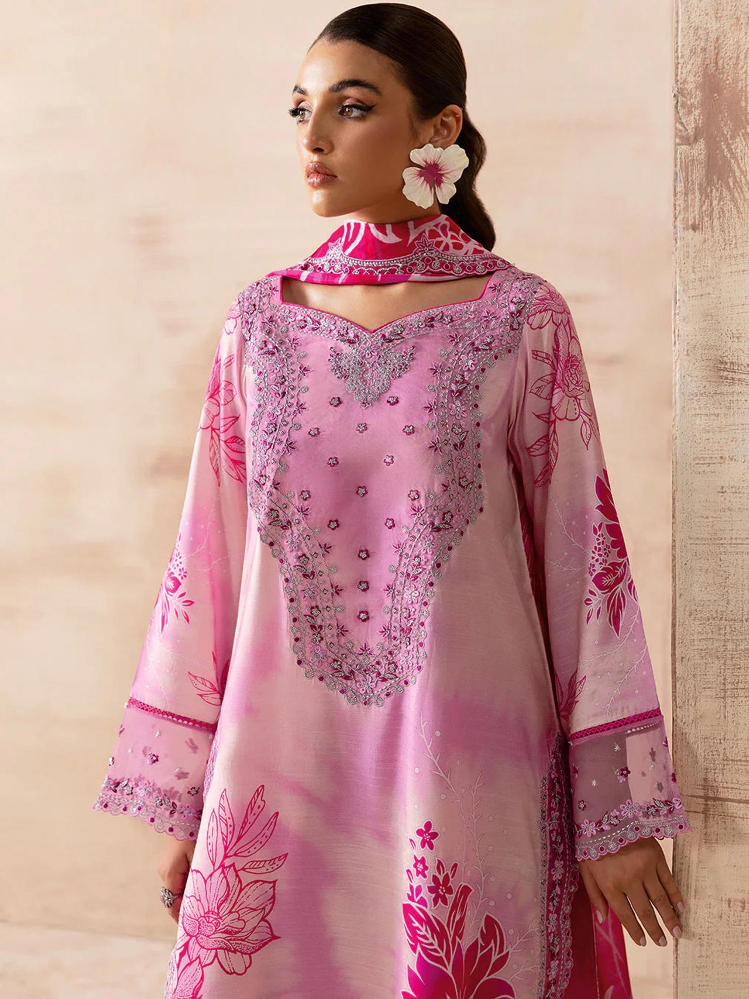 Ramsha "Riwaj" Luxury Embroidered Rawsilk Suit - Pink (K-505)