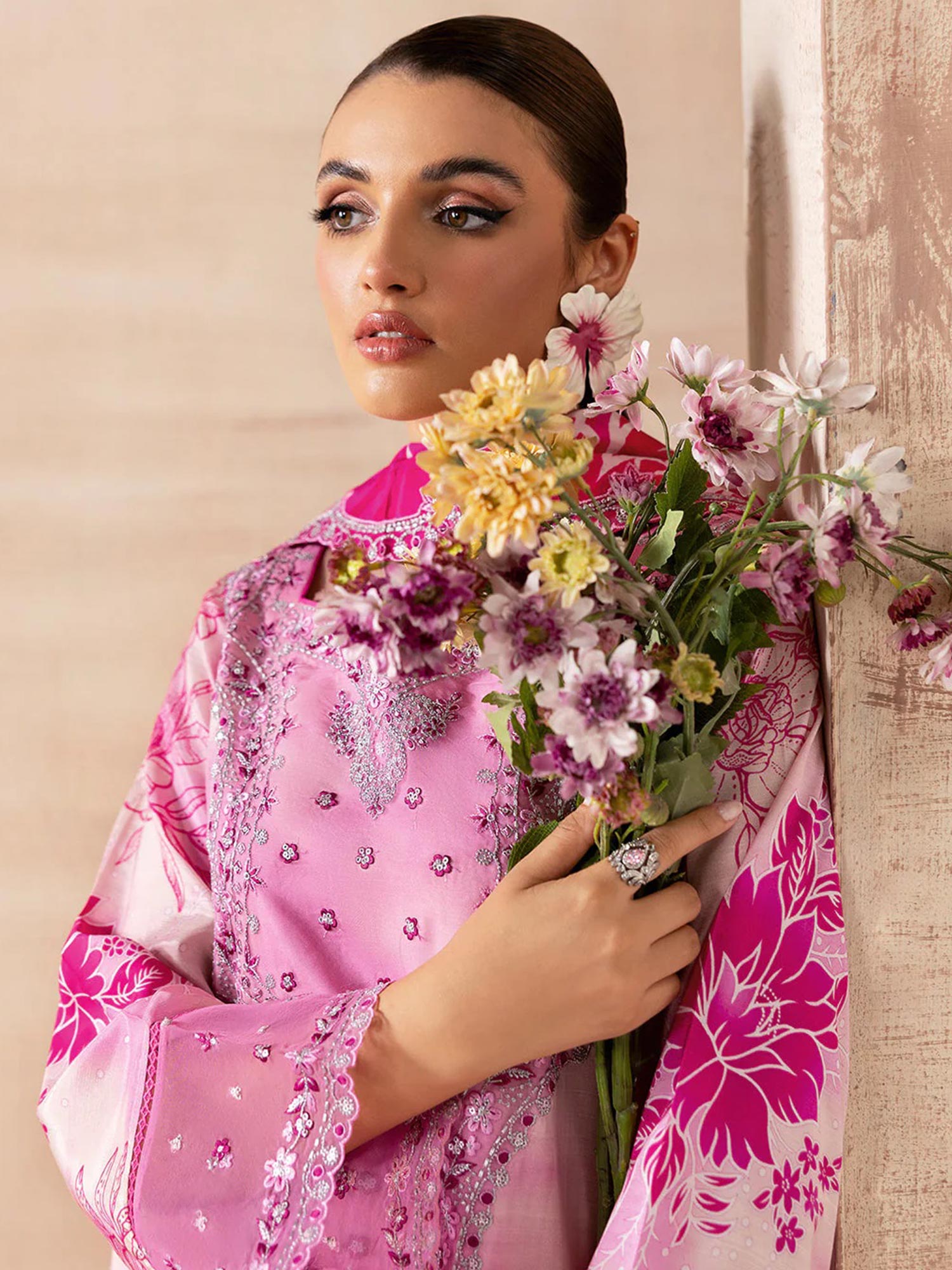 Ramsha "Riwaj" Luxury Embroidered Rawsilk Suit - Pink (K-505)