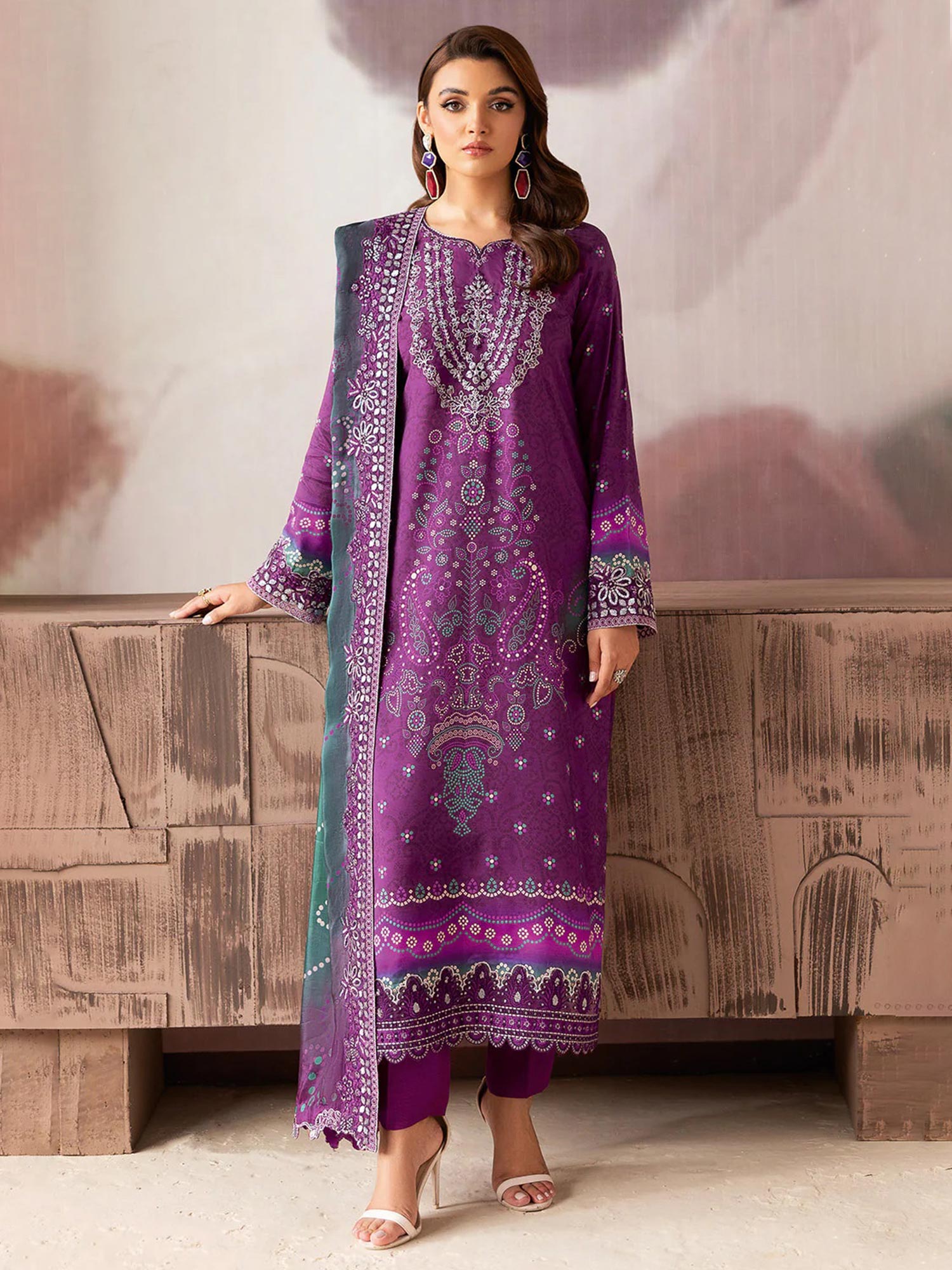 Ramsha "Riwaj" Luxury Embroidered Rawsilk Suit - Plum (K-510)
