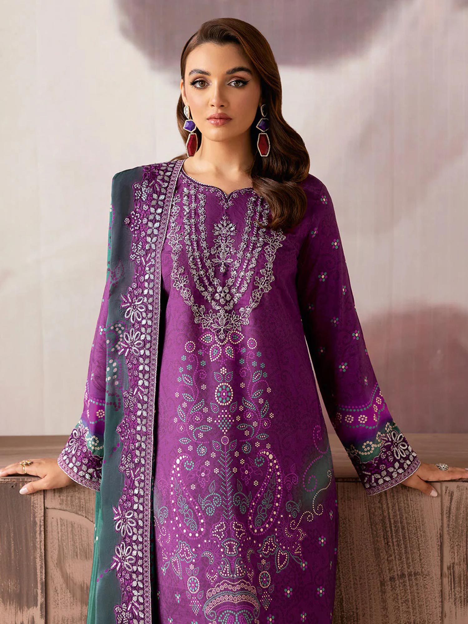 Ramsha "Riwaj" Luxury Embroidered Rawsilk Suit - Plum (K-510)