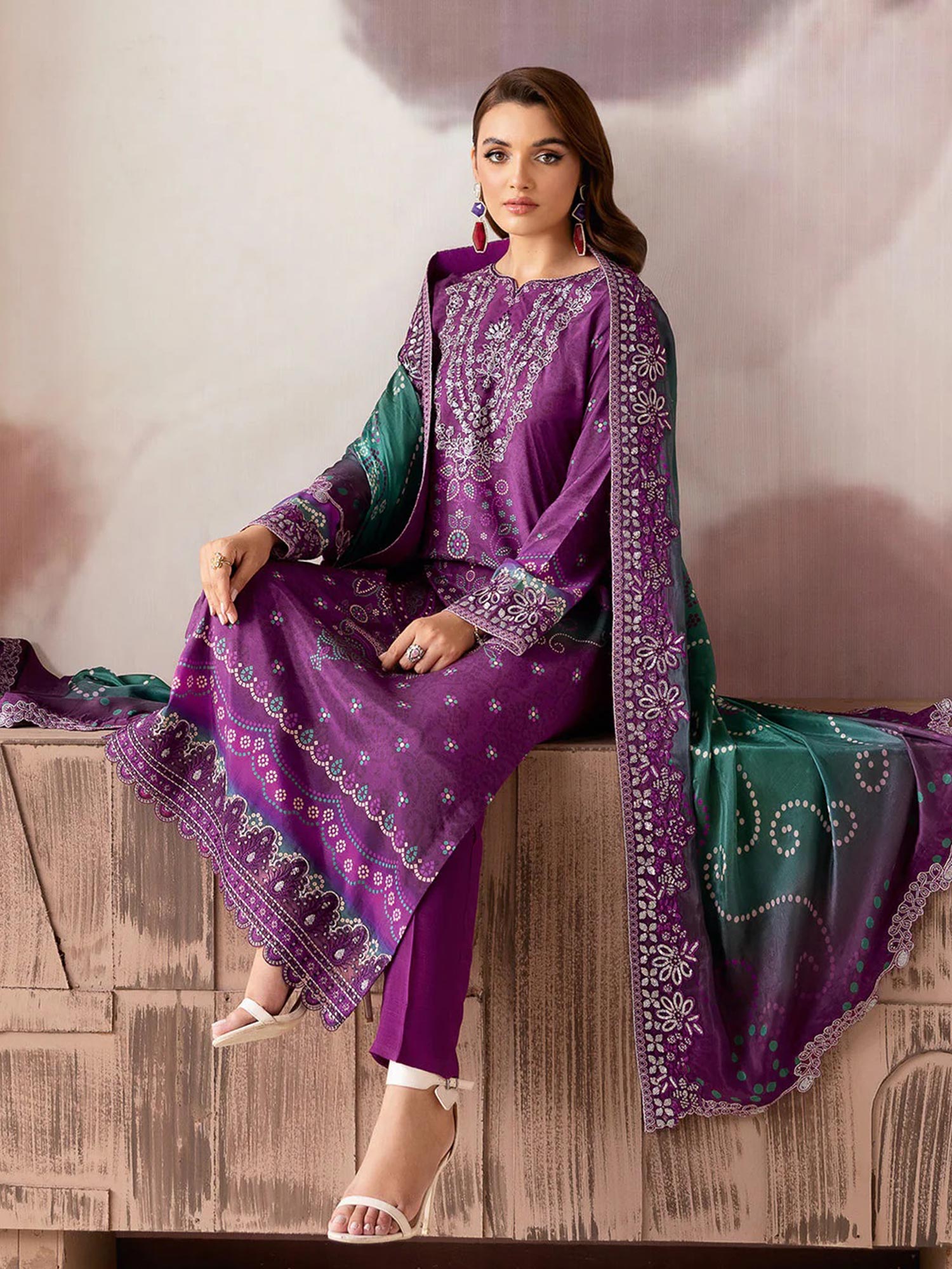 Ramsha "Riwaj" Luxury Embroidered Rawsilk Suit - Plum (K-510)
