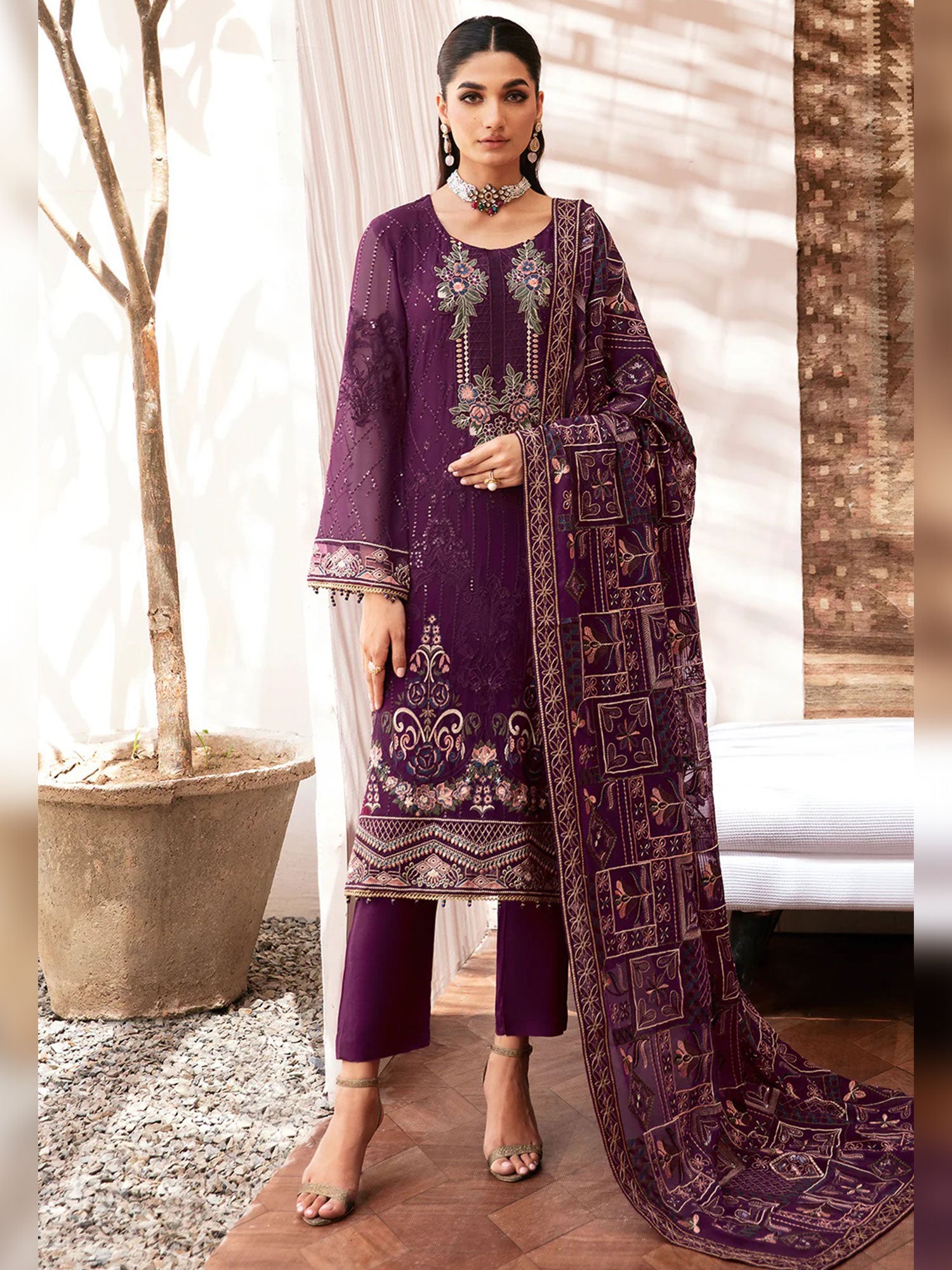 Ramsha "Kashish" Luxury Embroidered Chiffon Suit - Plum (K-201)
